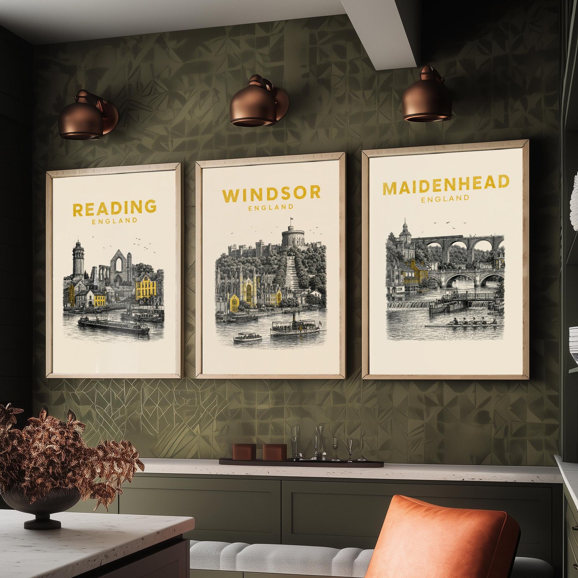 Set of Three Berkshire Travel Posters - Reading, Windsor, Maidenhead - Vintage Duotone Art Prints - England Illustration Gift