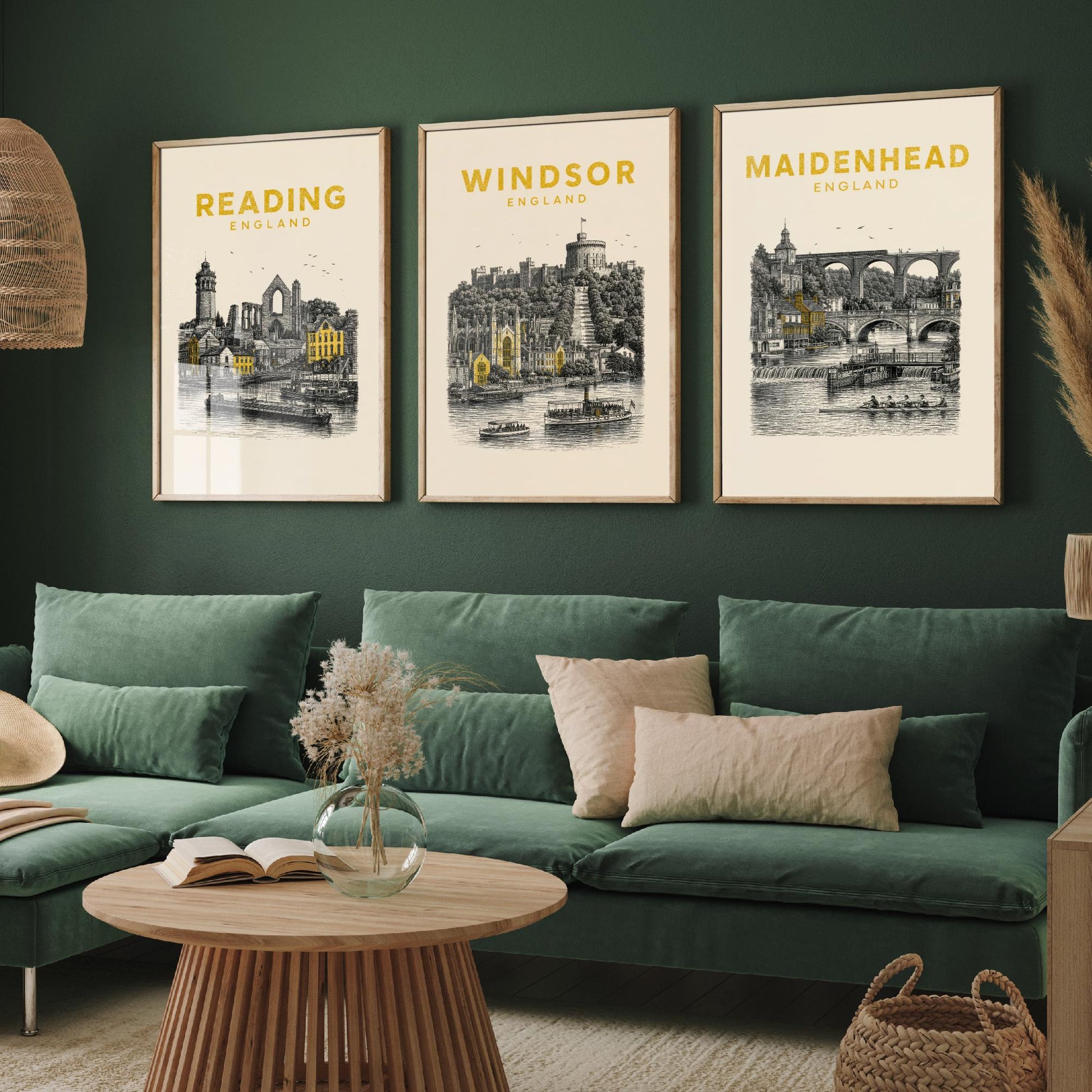 Set of Three Berkshire Travel Posters - Reading, Windsor, Maidenhead - Vintage Duotone Art Prints - England Illustration Gift