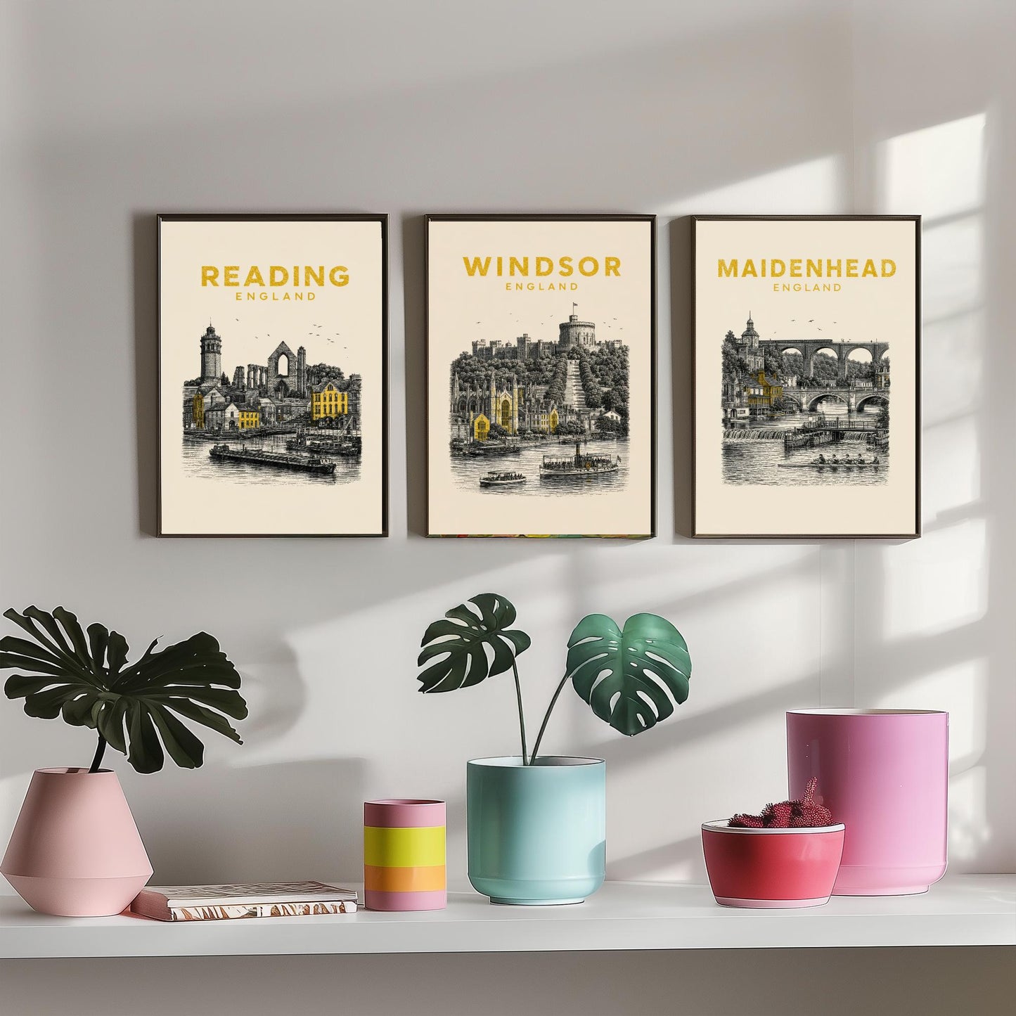 Set of Three Berkshire Travel Posters - Reading, Windsor, Maidenhead - Vintage Duotone Art Prints - England Illustration Gift