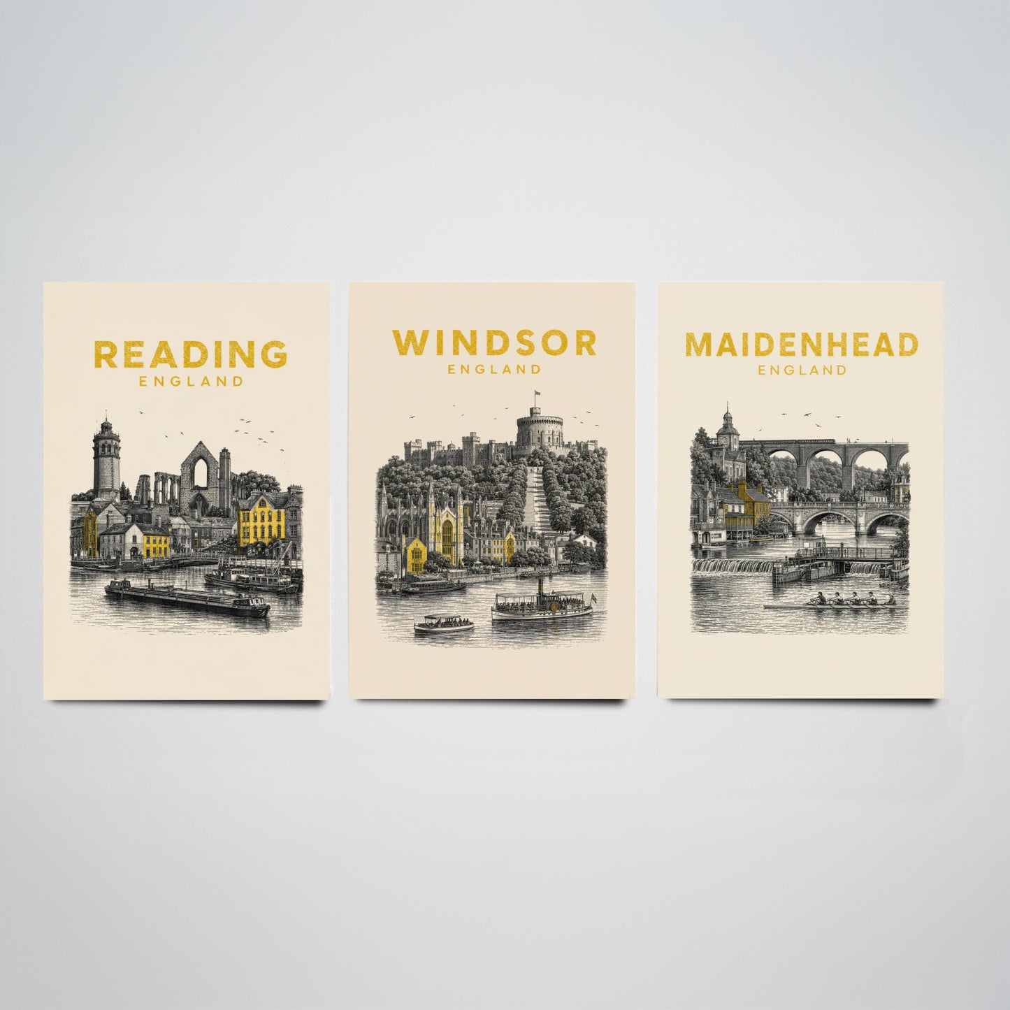 Set of Three Berkshire Travel Posters - Reading, Windsor, Maidenhead - Vintage Duotone Art Prints - England Illustration Gift