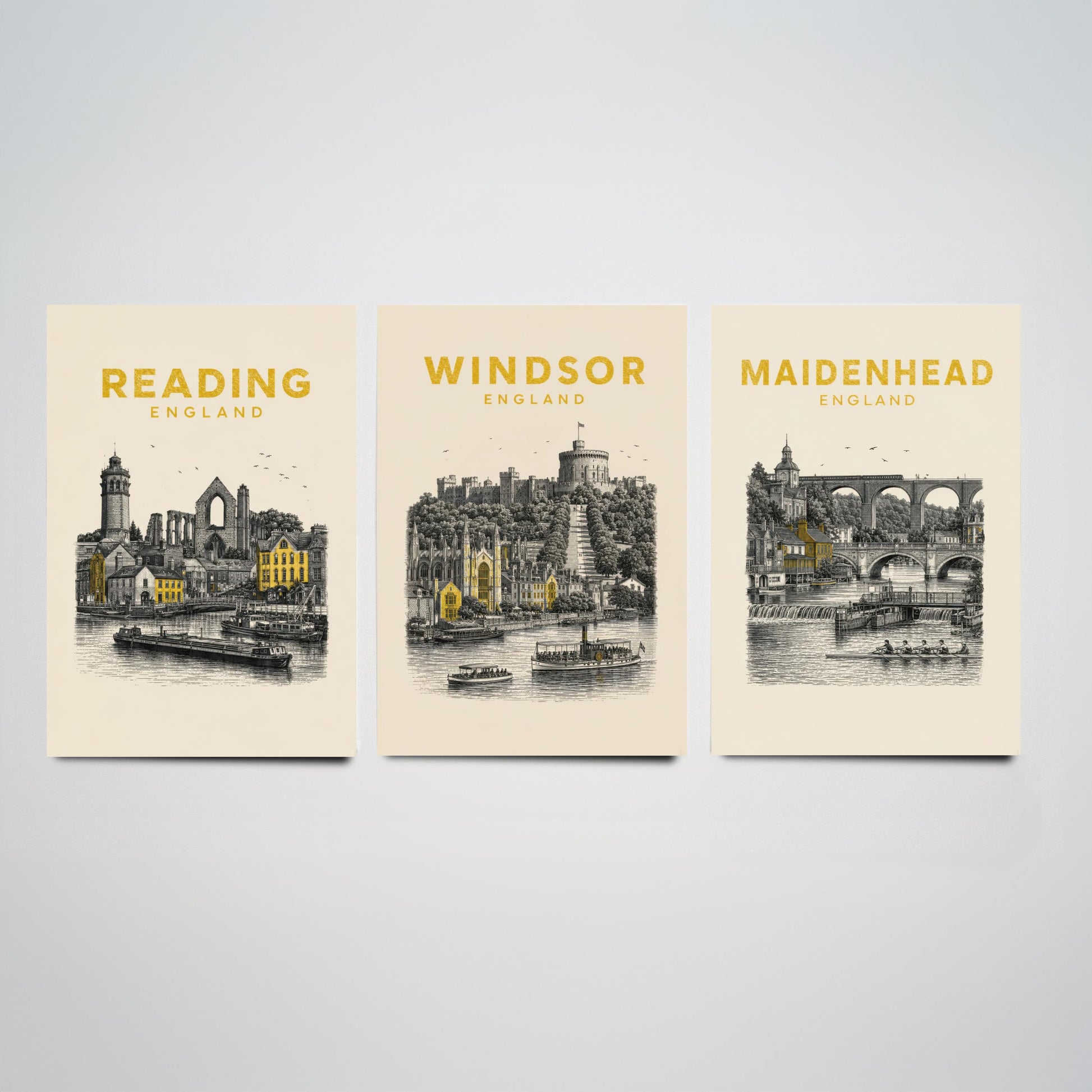 Set of Three Berkshire Travel Posters - Reading, Windsor, Maidenhead - Vintage Duotone Art Prints - England Illustration Gift