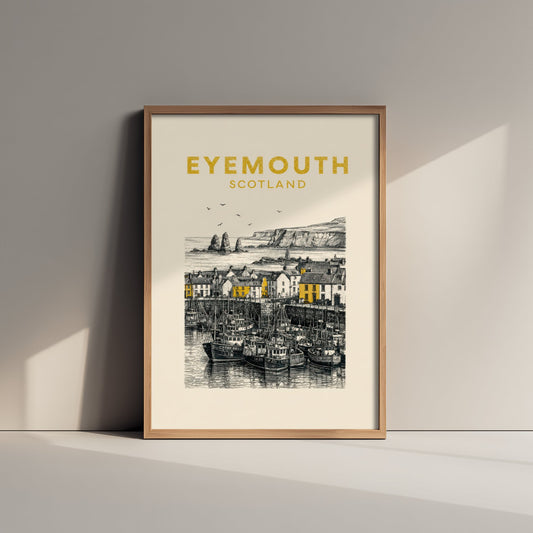 Eyemouth Scotland Travel Poster - Vintage Duotone Art Print - Engraved City Illustration - Harbour and Cliffs 1/3
