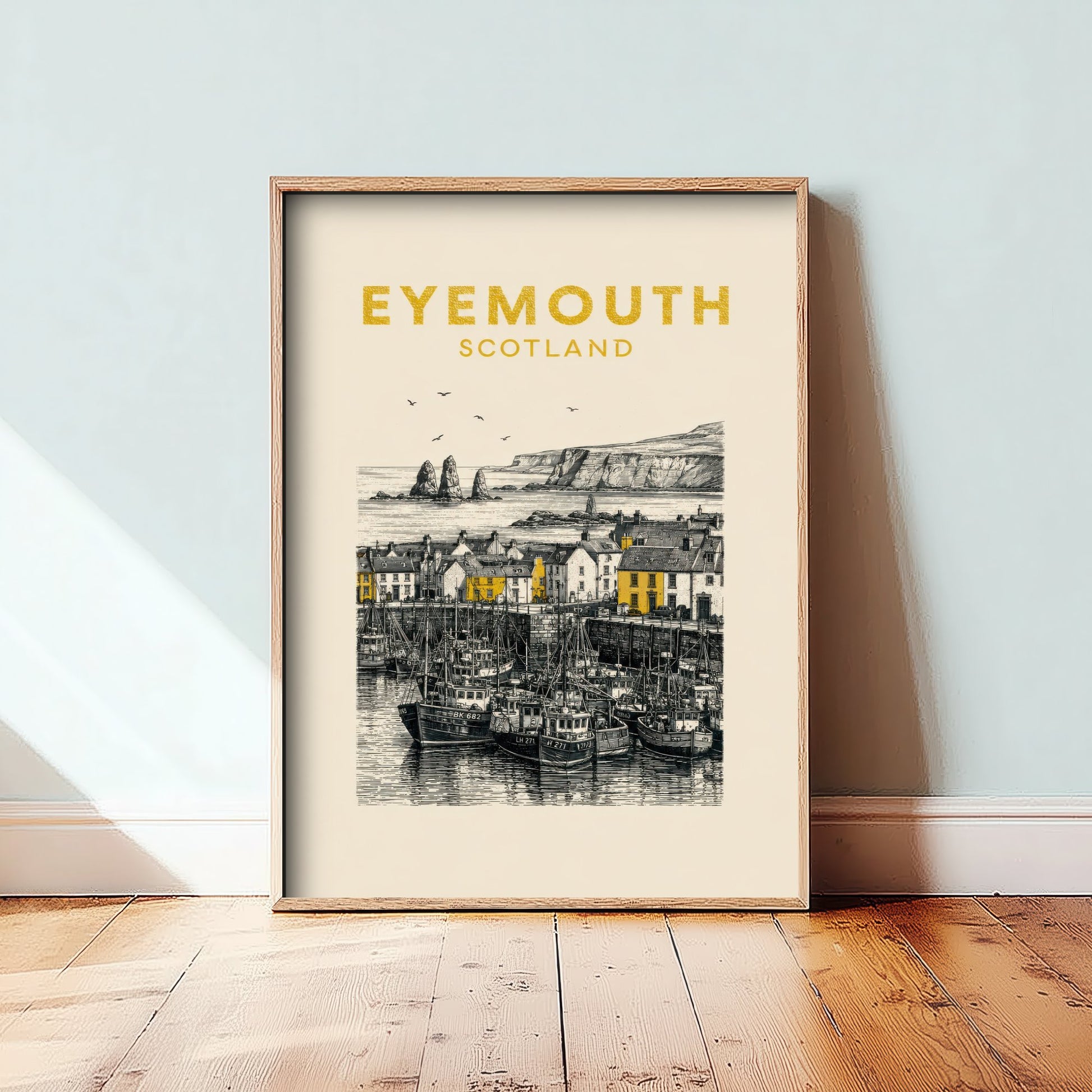 Eyemouth Scotland Travel Poster - Vintage Duotone Art Print - Engraved City Illustration - Harbour and Cliffs 1/3