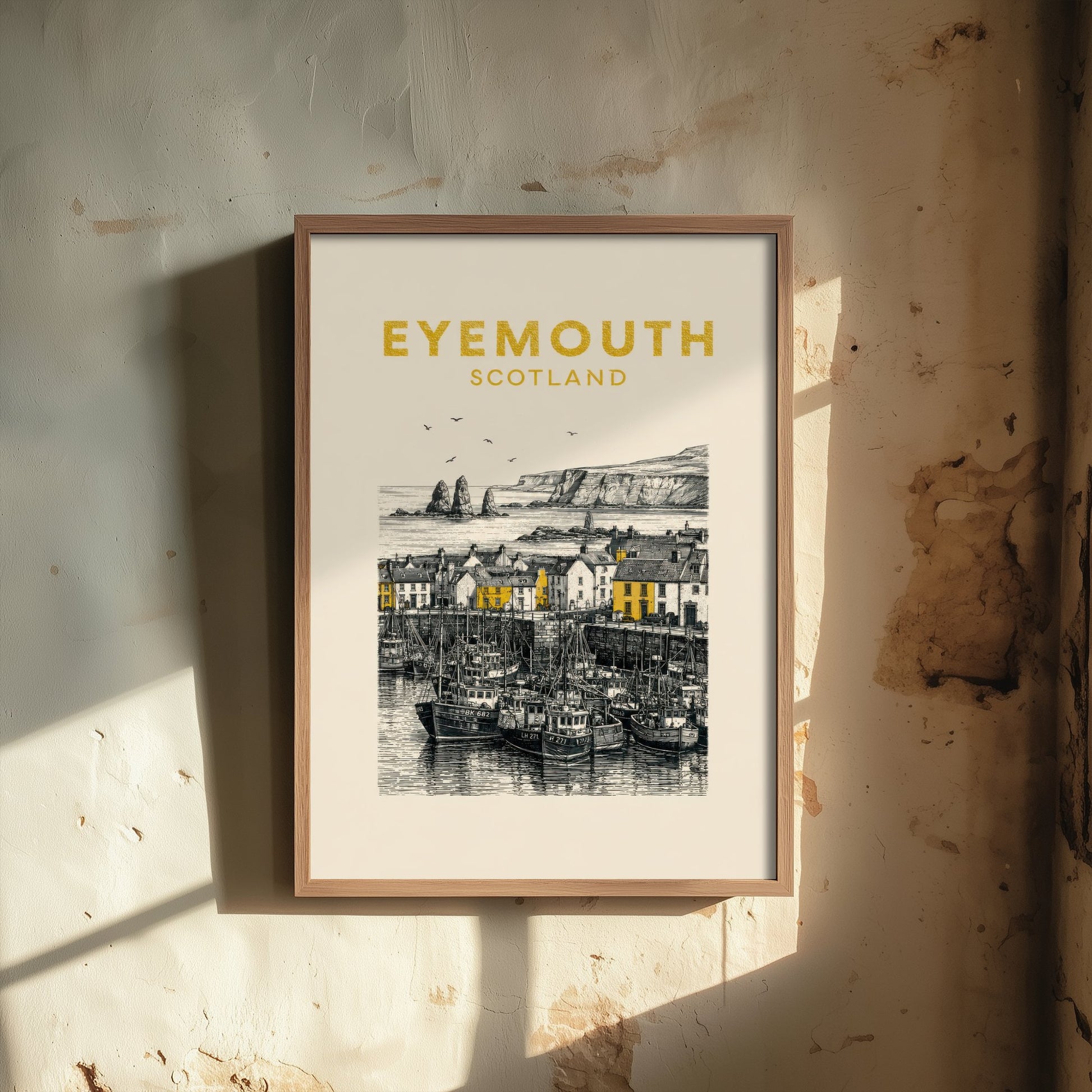 Eyemouth Scotland Travel Poster - Vintage Duotone Art Print - Engraved City Illustration - Harbour and Cliffs 1/3
