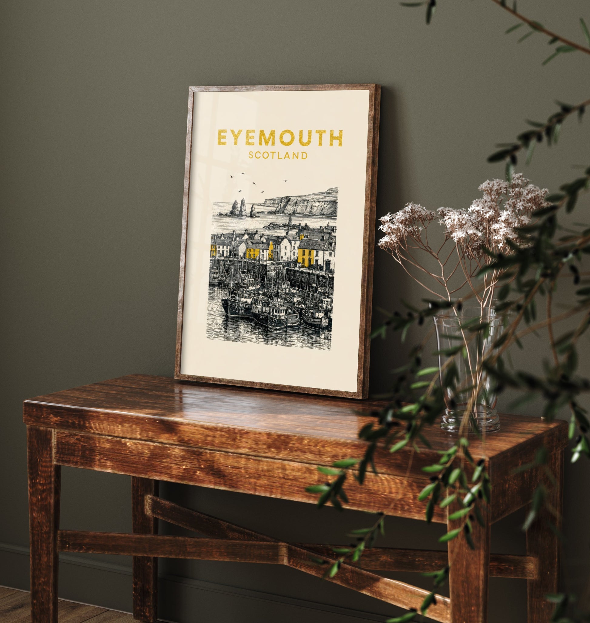 Eyemouth Scotland Travel Poster - Vintage Duotone Art Print - Engraved City Illustration - Harbour and Cliffs 1/3
