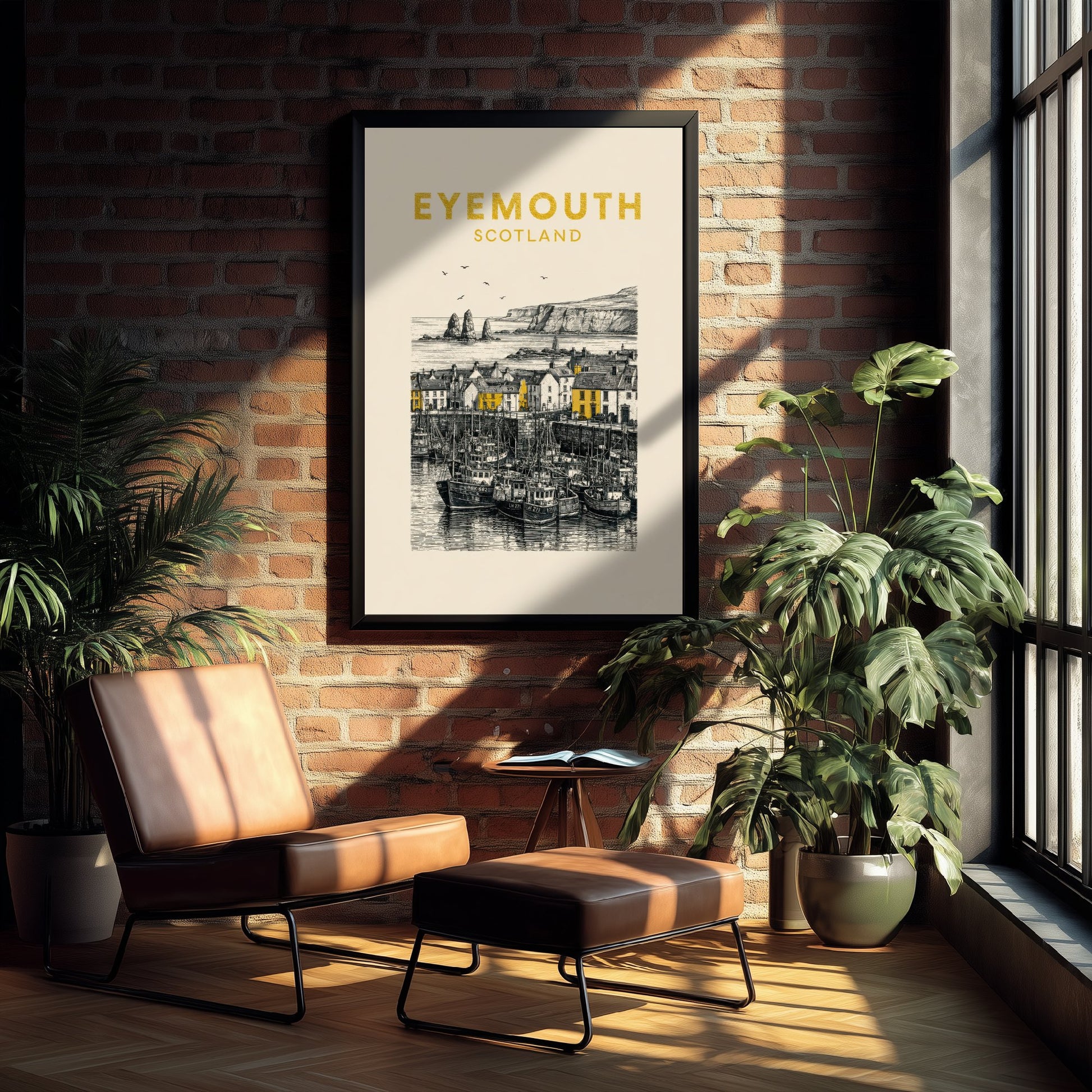 Eyemouth Scotland Travel Poster - Vintage Duotone Art Print - Engraved City Illustration - Harbour and Cliffs 1/3