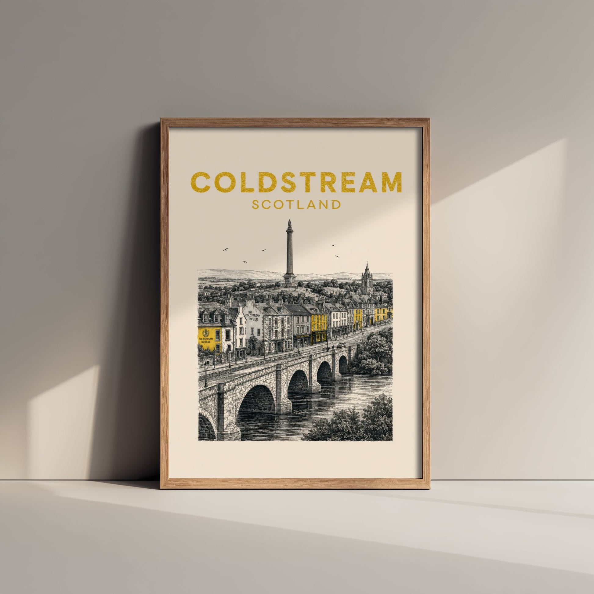Coldstream Scotland Travel Poster - Vintage Duotone Art Print - Engraved City Illustration - Tweed Bridge and Monument 2/3
