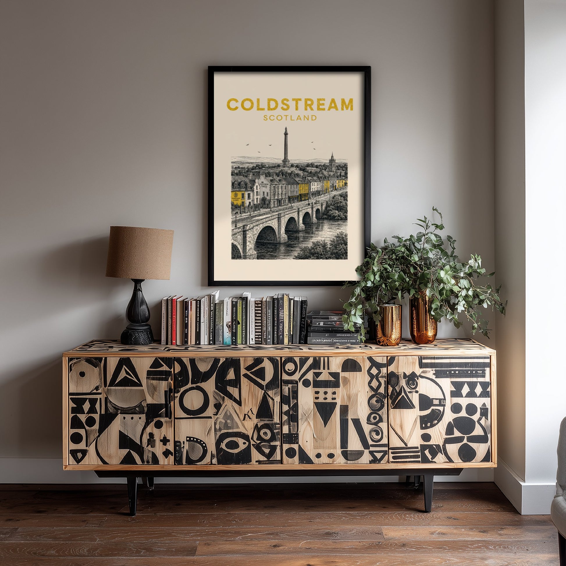 Coldstream Scotland Travel Poster - Vintage Duotone Art Print - Engraved City Illustration - Tweed Bridge and Monument 2/3