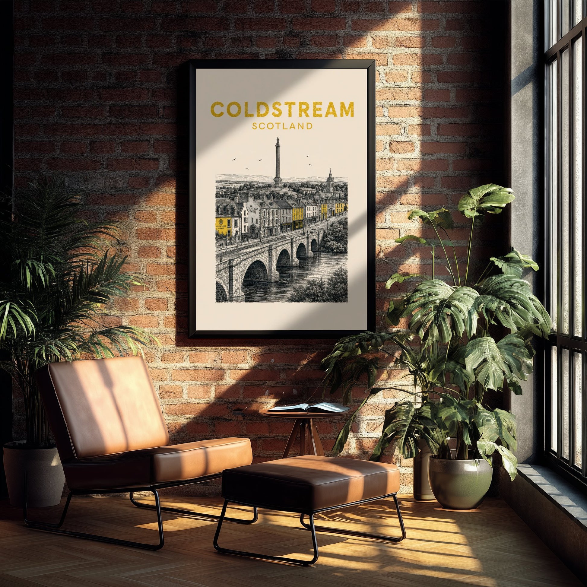 Coldstream Scotland Travel Poster - Vintage Duotone Art Print - Engraved City Illustration - Tweed Bridge and Monument 2/3