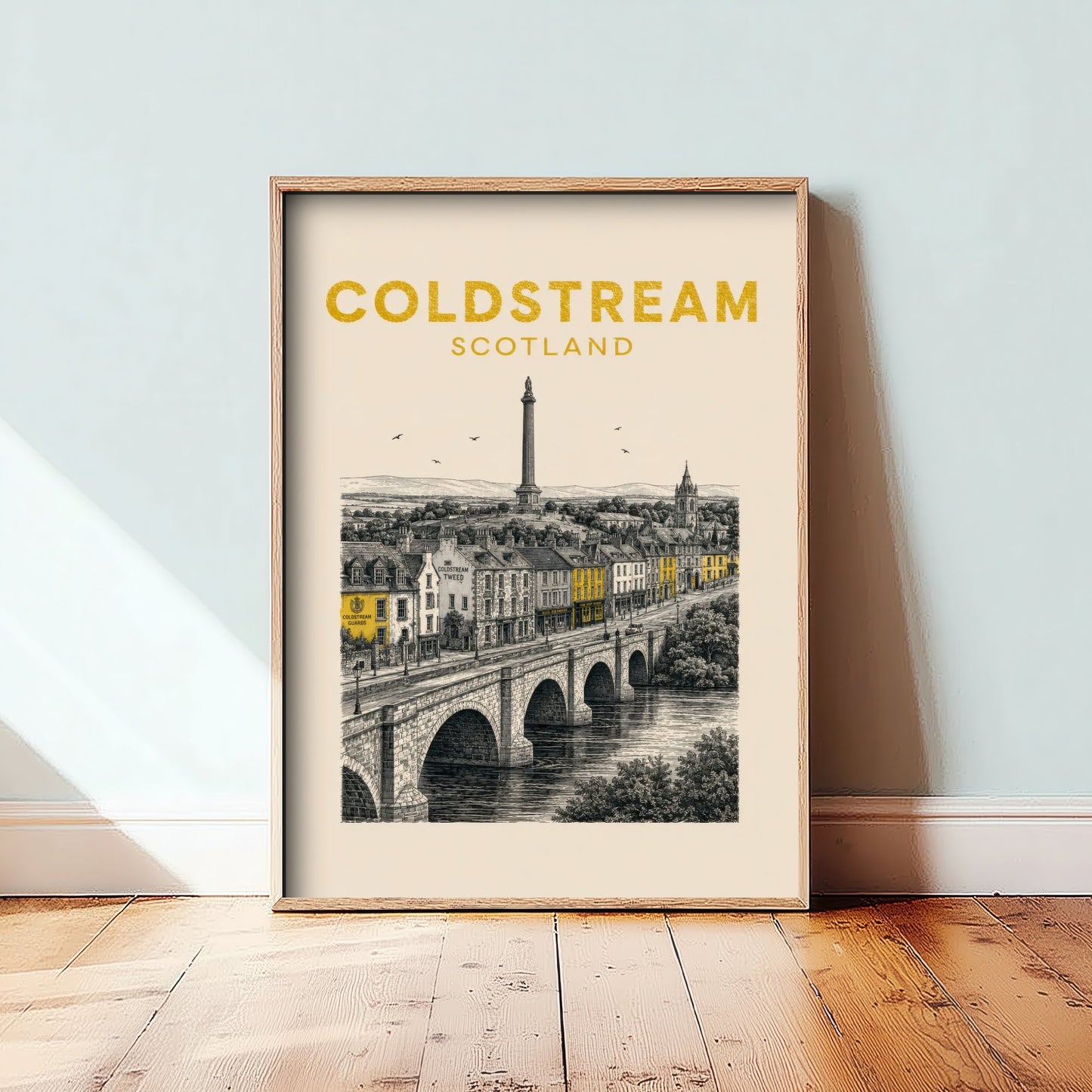 Coldstream Scotland Travel Poster - Vintage Duotone Art Print - Engraved City Illustration - Tweed Bridge and Monument 2/3