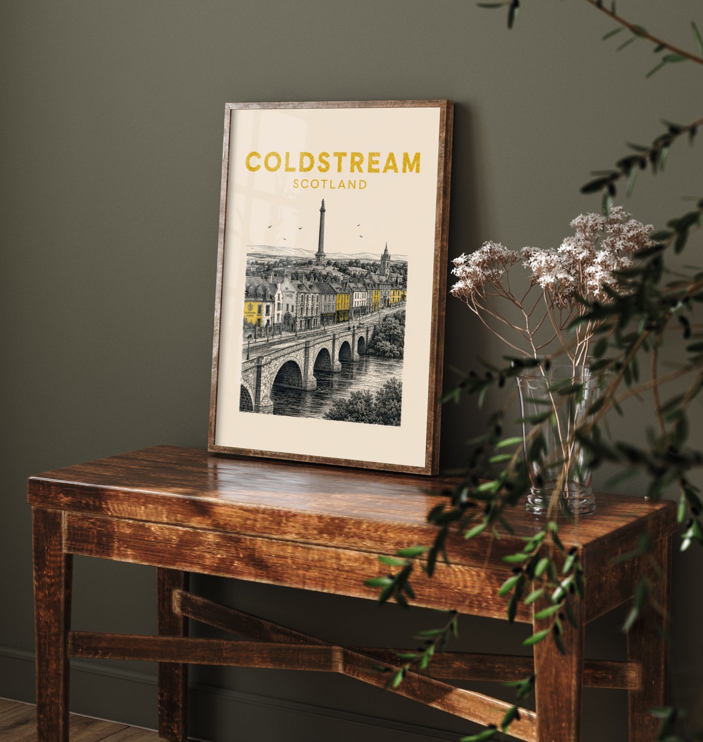 Coldstream Scotland Travel Poster - Vintage Duotone Art Print - Engraved City Illustration - Tweed Bridge and Monument 2/3