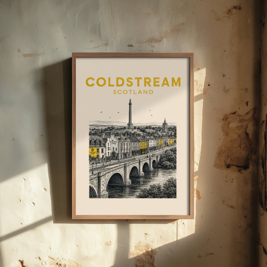 Coldstream Scotland Travel Poster - Vintage Duotone Art Print - Engraved City Illustration - Tweed Bridge and Monument 2/3