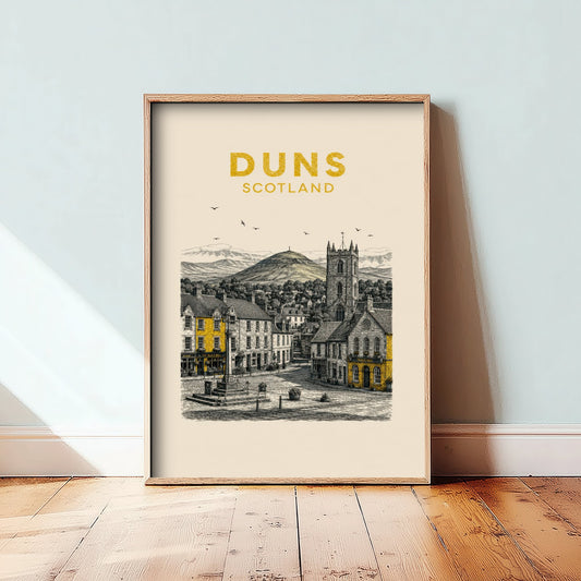 Duns Scotland Travel Poster - Vintage Duotone Art Print - Engraved City Illustration - Town Below the Cheviots 3/3