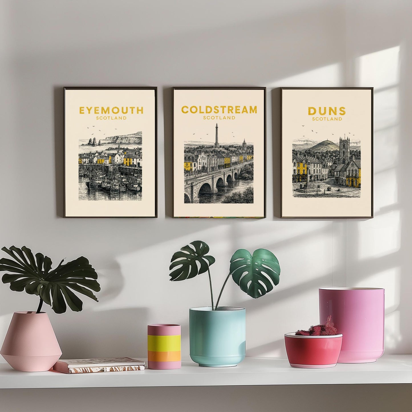 Set of Three Berwickshire Travel Posters - Eyemouth, Coldstream, Duns - Vintage Duotone Art Prints - Scotland Illustration Gift