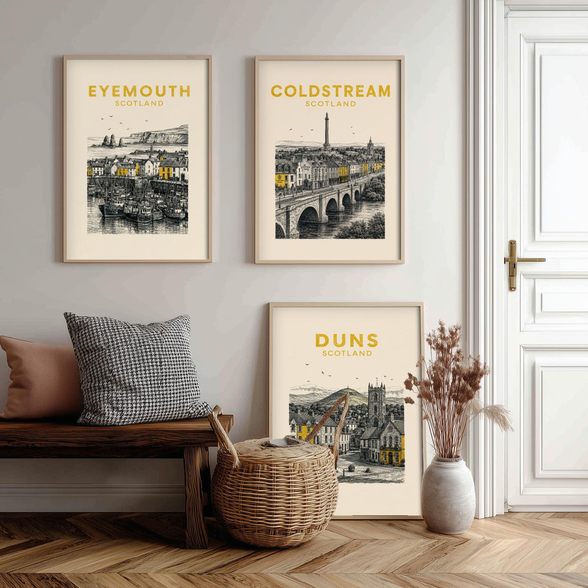 Set of Three Berwickshire Travel Posters - Eyemouth, Coldstream, Duns - Vintage Duotone Art Prints - Scotland Illustration Gift