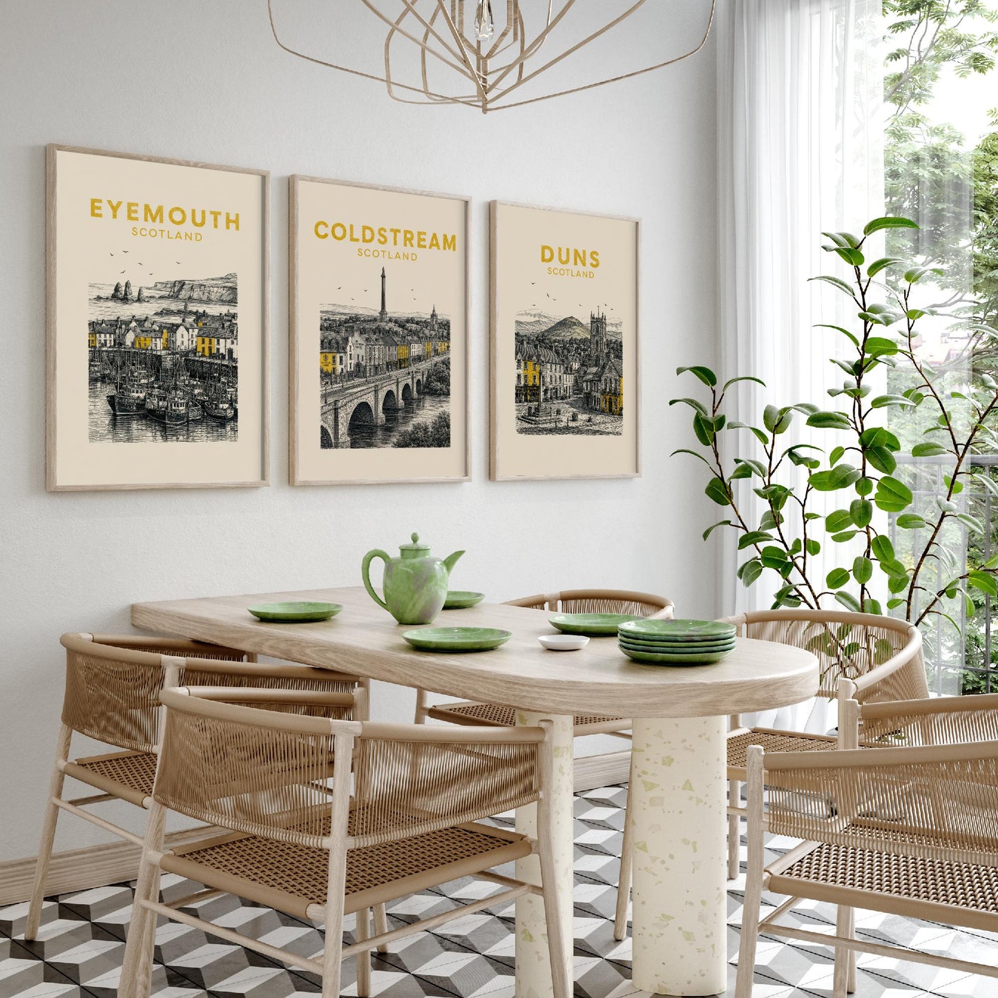 Set of Three Berwickshire Travel Posters - Eyemouth, Coldstream, Duns - Vintage Duotone Art Prints - Scotland Illustration Gift