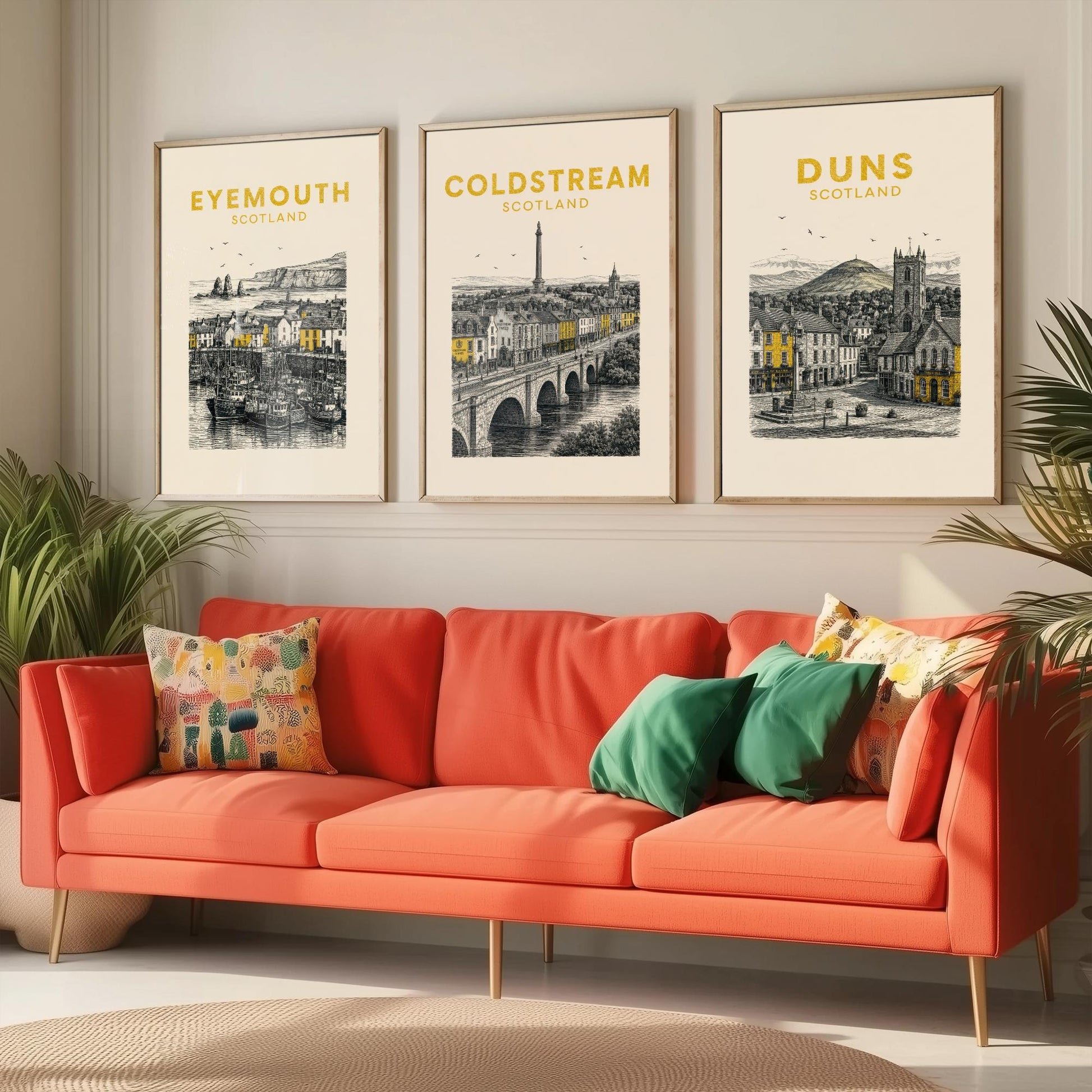 Set of Three Berwickshire Travel Posters - Eyemouth, Coldstream, Duns - Vintage Duotone Art Prints - Scotland Illustration Gift