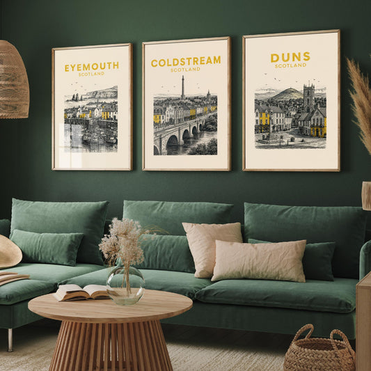 Set of Three Berwickshire Travel Posters - Eyemouth, Coldstream, Duns - Vintage Duotone Art Prints - Scotland Illustration Gift