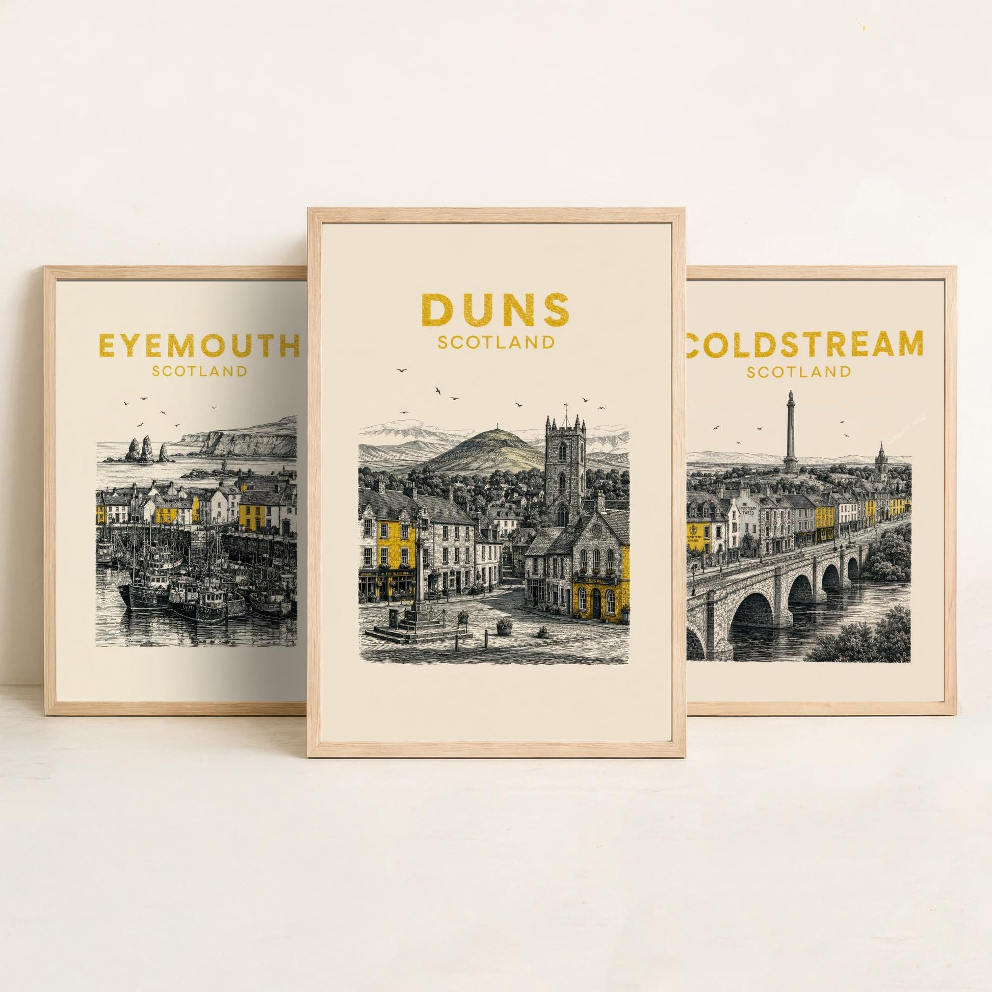 Set of Three Berwickshire Travel Posters - Eyemouth, Coldstream, Duns - Vintage Duotone Art Prints - Scotland Illustration Gift