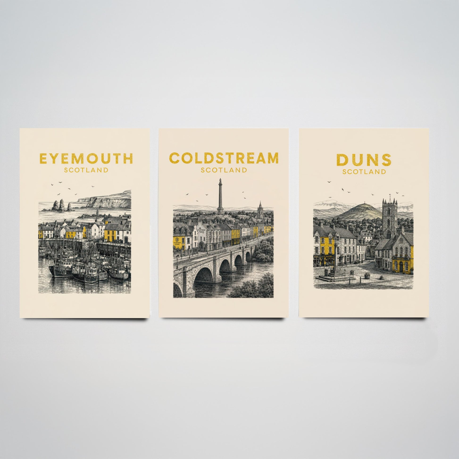 Set of Three Berwickshire Travel Posters - Eyemouth, Coldstream, Duns - Vintage Duotone Art Prints - Scotland Illustration Gift
