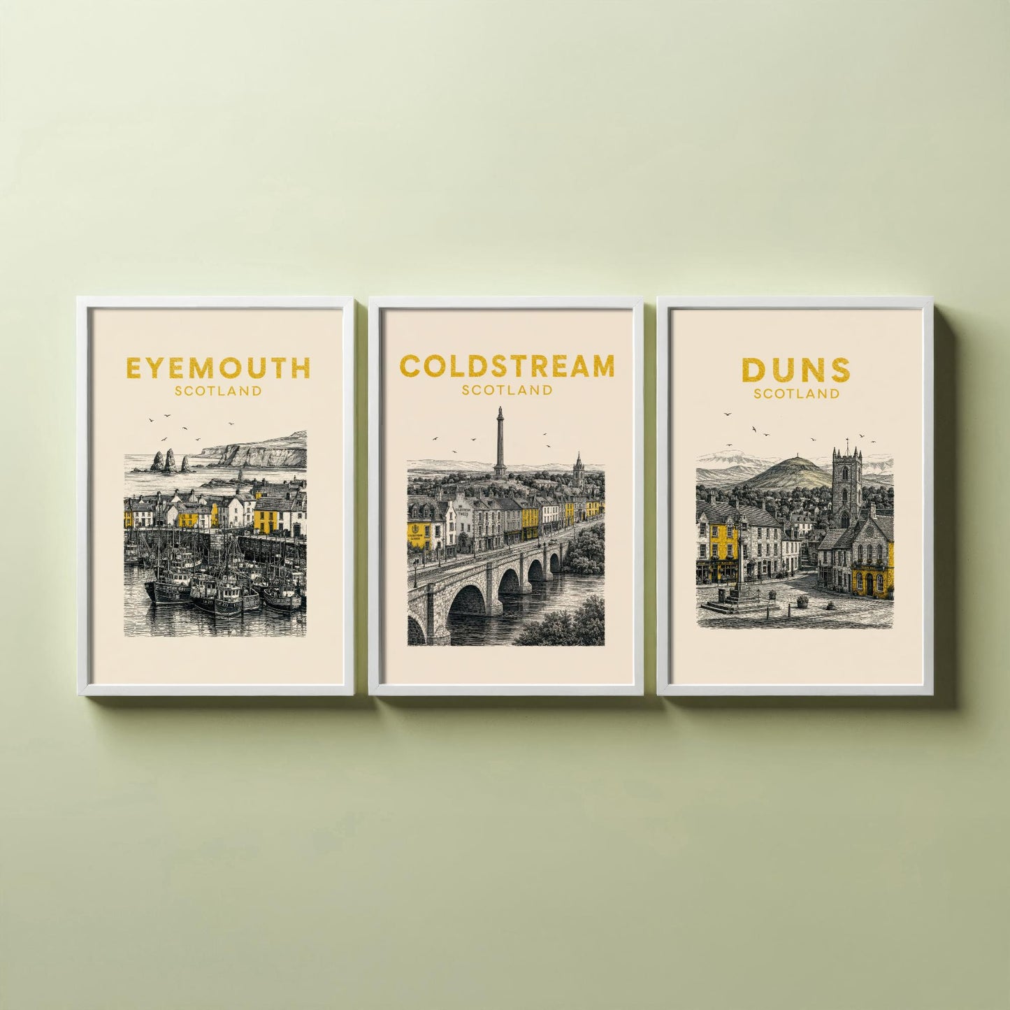 Set of Three Berwickshire Travel Posters - Eyemouth, Coldstream, Duns - Vintage Duotone Art Prints - Scotland Illustration Gift