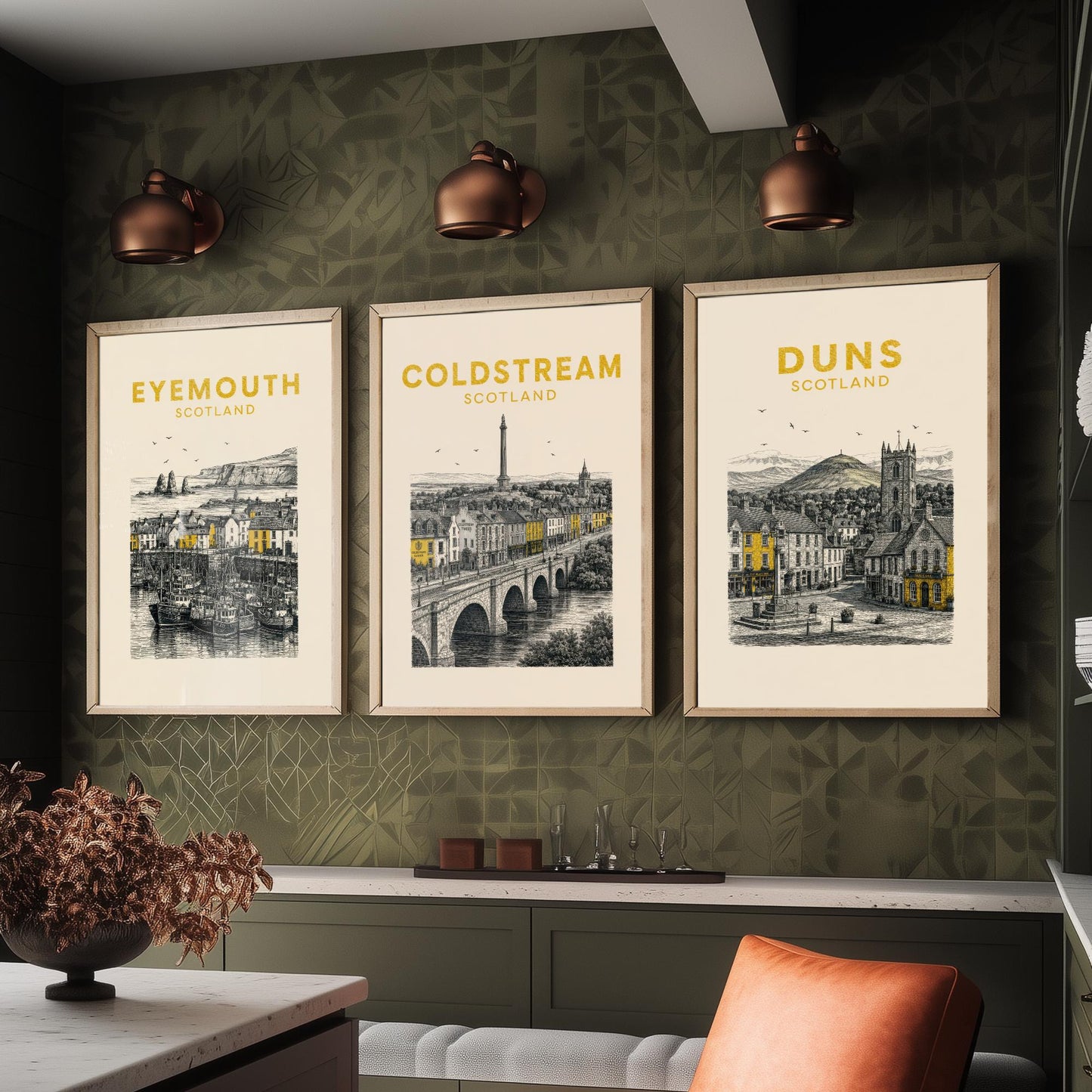 Set of Three Berwickshire Travel Posters - Eyemouth, Coldstream, Duns - Vintage Duotone Art Prints - Scotland Illustration Gift