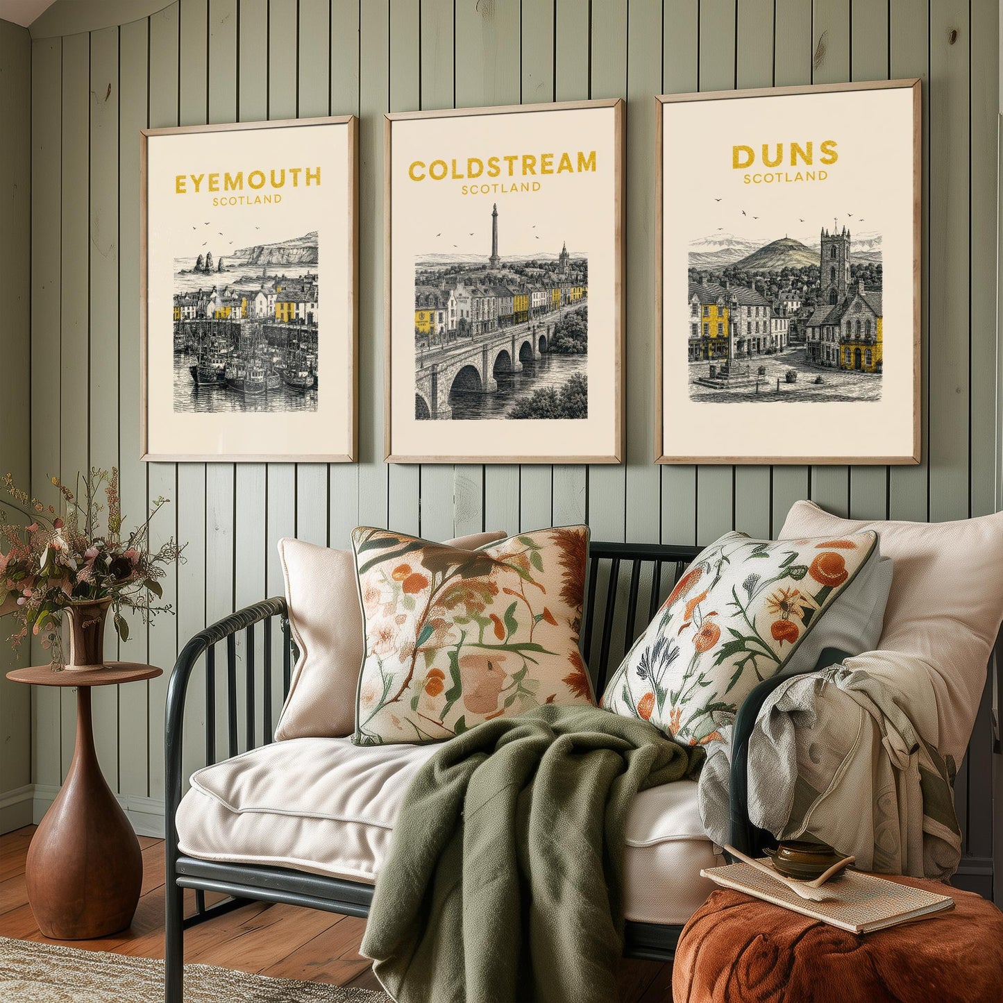 Set of Three Berwickshire Travel Posters - Eyemouth, Coldstream, Duns - Vintage Duotone Art Prints - Scotland Illustration Gift