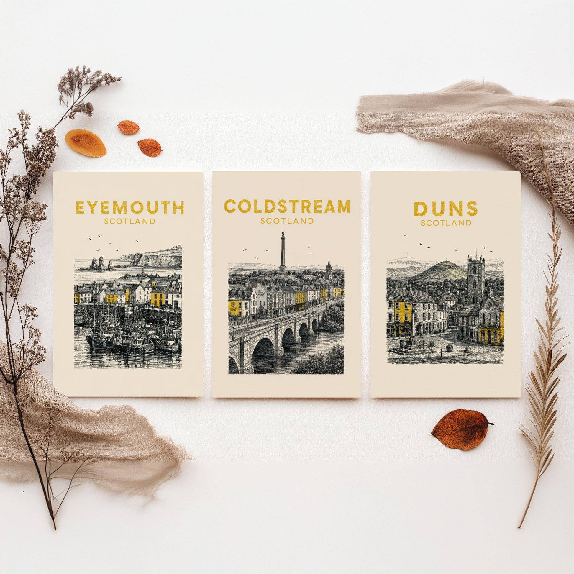 Set of Three Berwickshire Travel Posters - Eyemouth, Coldstream, Duns - Vintage Duotone Art Prints - Scotland Illustration Gift