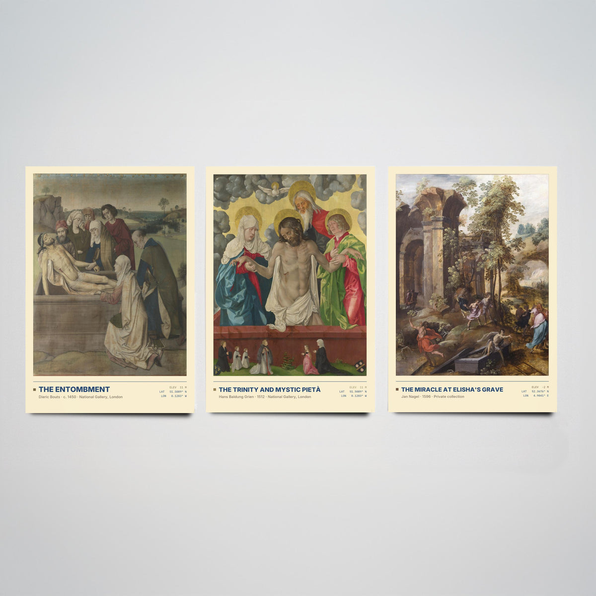 Biblical Scenes Set of Three Art Prints - Entombment, Mystic Pieta, Elisha's Grave - Bouts Baldung Nagel Gallery Posters - Paintings