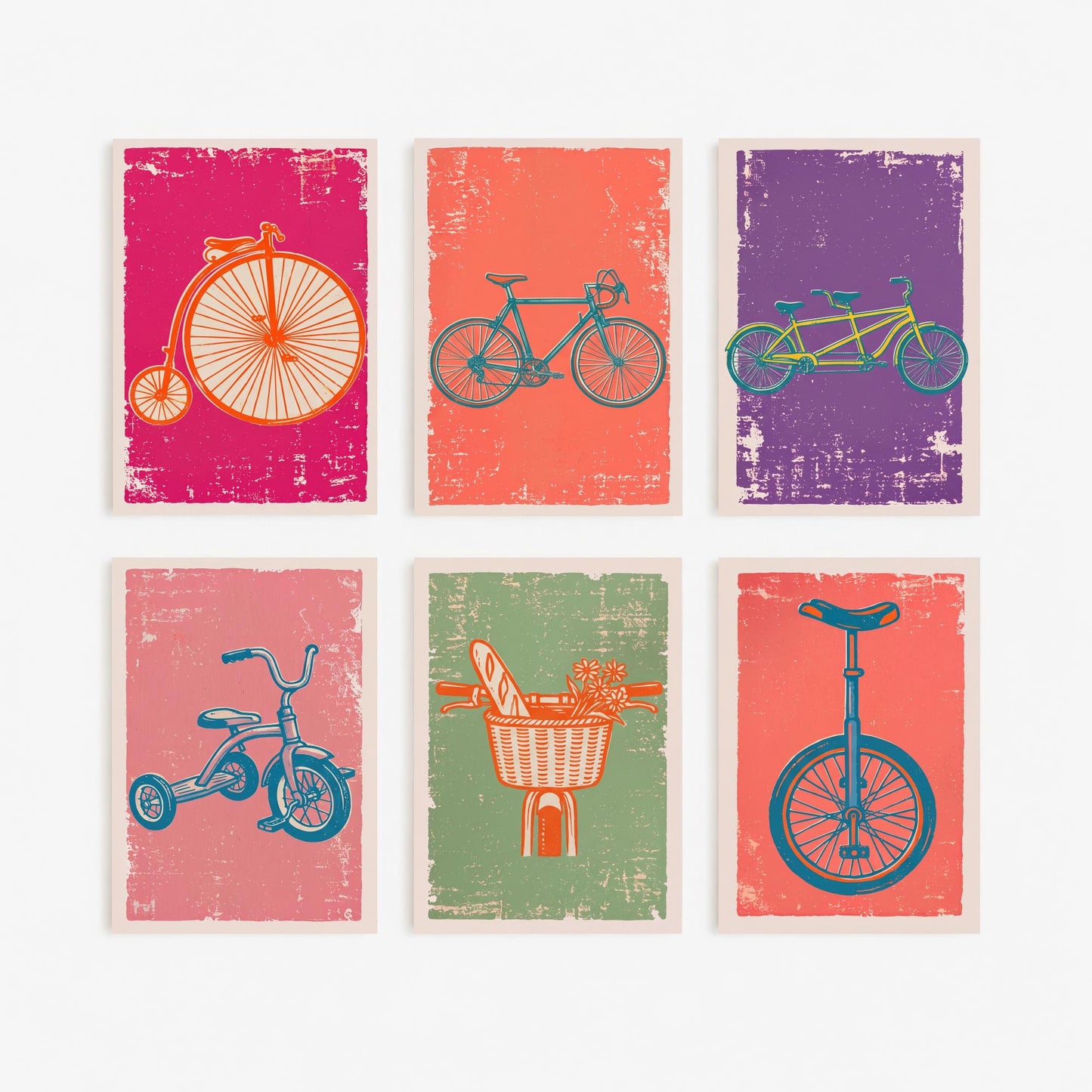 Set of Six Bicycles Linocut Art Prints - 6 Cycling Illustrations - Penny Farthing, Road Bike, Tandem, Tricycle, Unicycle Posters