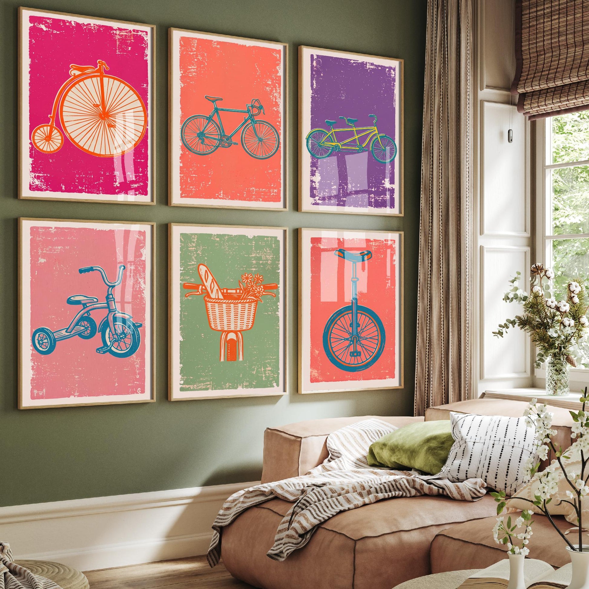Set of Six Bicycles Linocut Art Prints - 6 Cycling Illustrations - Penny Farthing, Road Bike, Tandem, Tricycle, Unicycle Posters