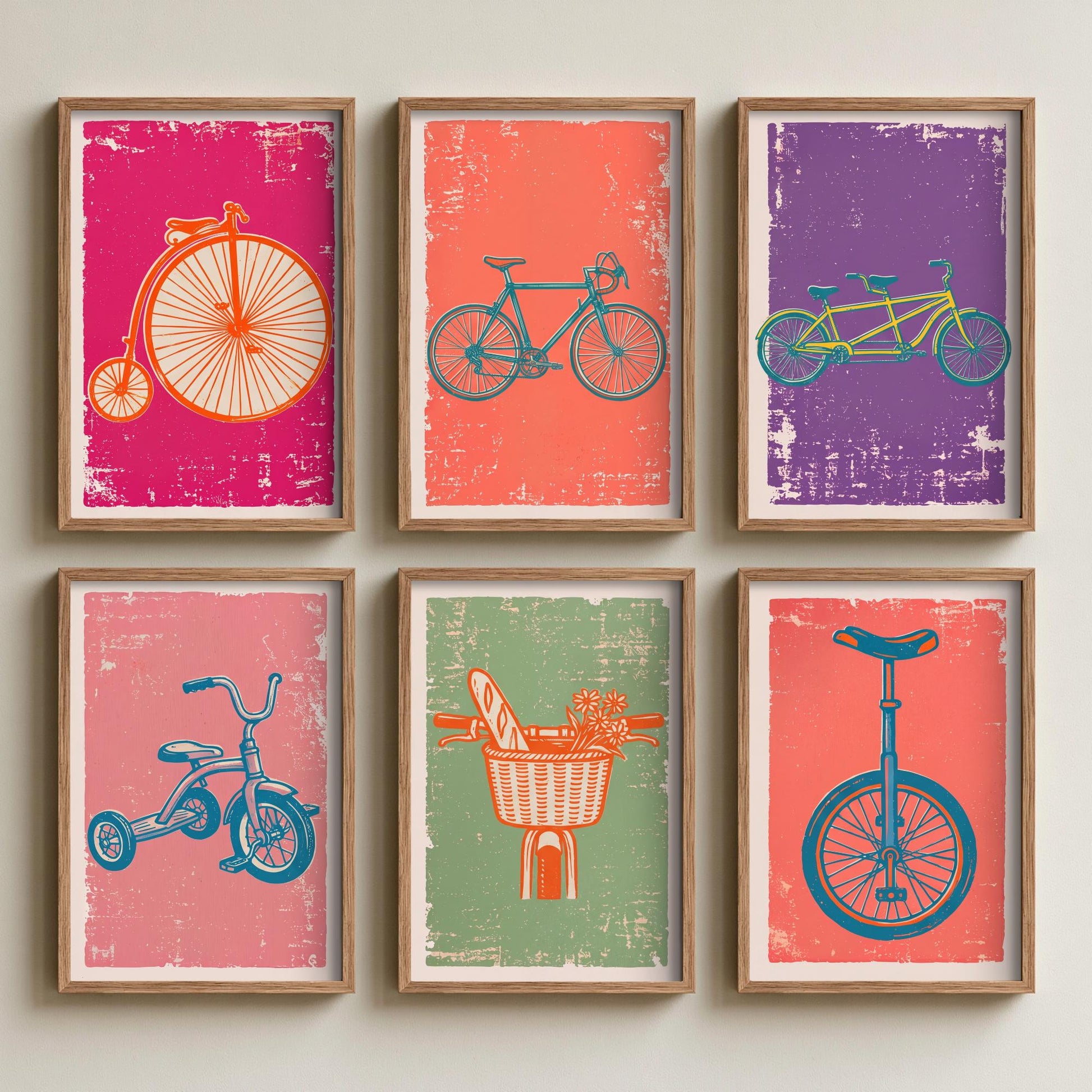 Set of Six Bicycles Linocut Art Prints - 6 Cycling Illustrations - Penny Farthing, Road Bike, Tandem, Tricycle, Unicycle Posters