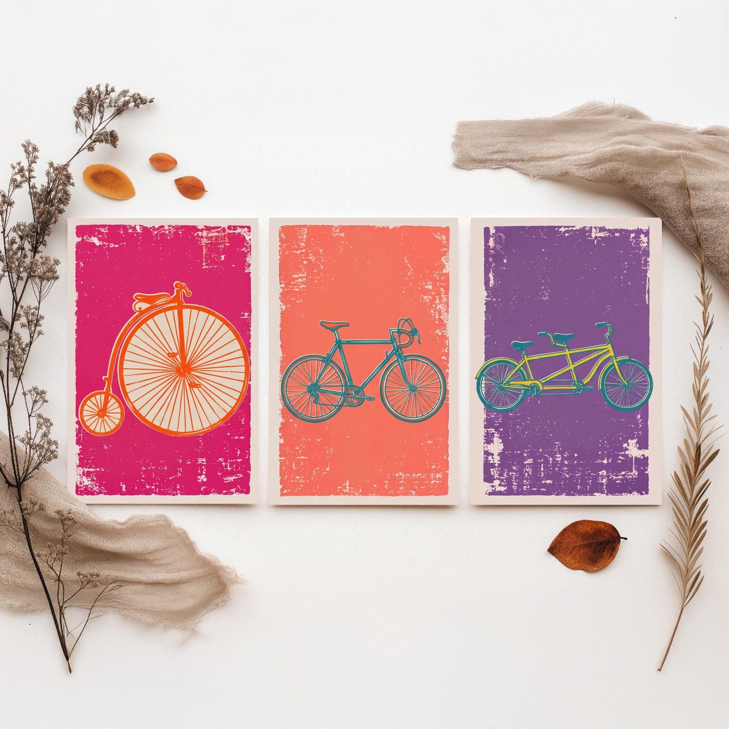 Penny Farthing, Road Bike & Tandem - Set of Three Bicycle Art Prints - Linocut Illustrations - Cycling Posters V1