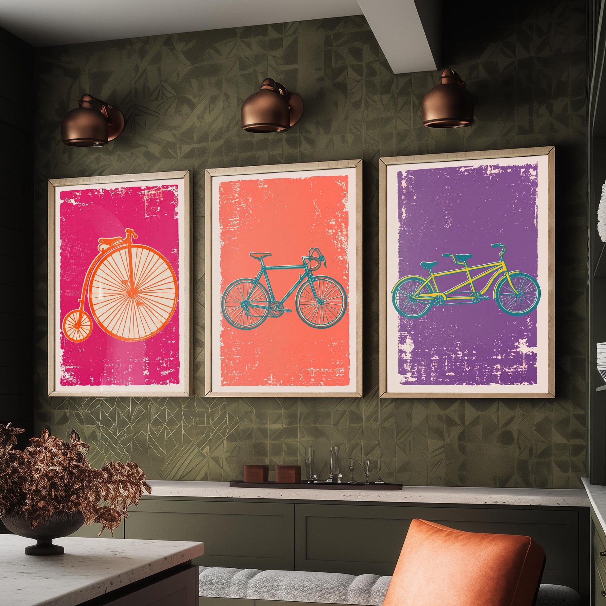 Penny Farthing, Road Bike & Tandem - Set of Three Bicycle Art Prints - Linocut Illustrations - Cycling Posters V1