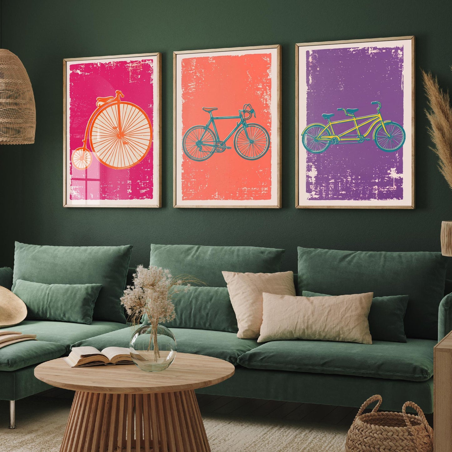 Penny Farthing, Road Bike & Tandem - Set of Three Bicycle Art Prints - Linocut Illustrations - Cycling Posters V1