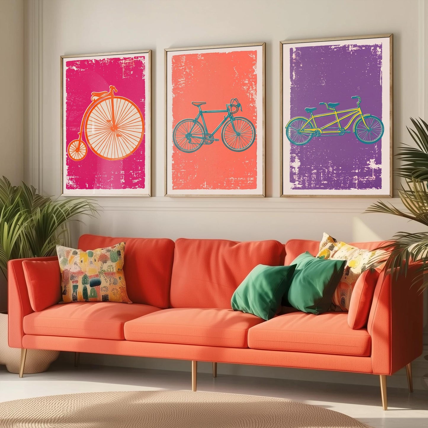 Penny Farthing, Road Bike & Tandem - Set of Three Bicycle Art Prints - Linocut Illustrations - Cycling Posters V1