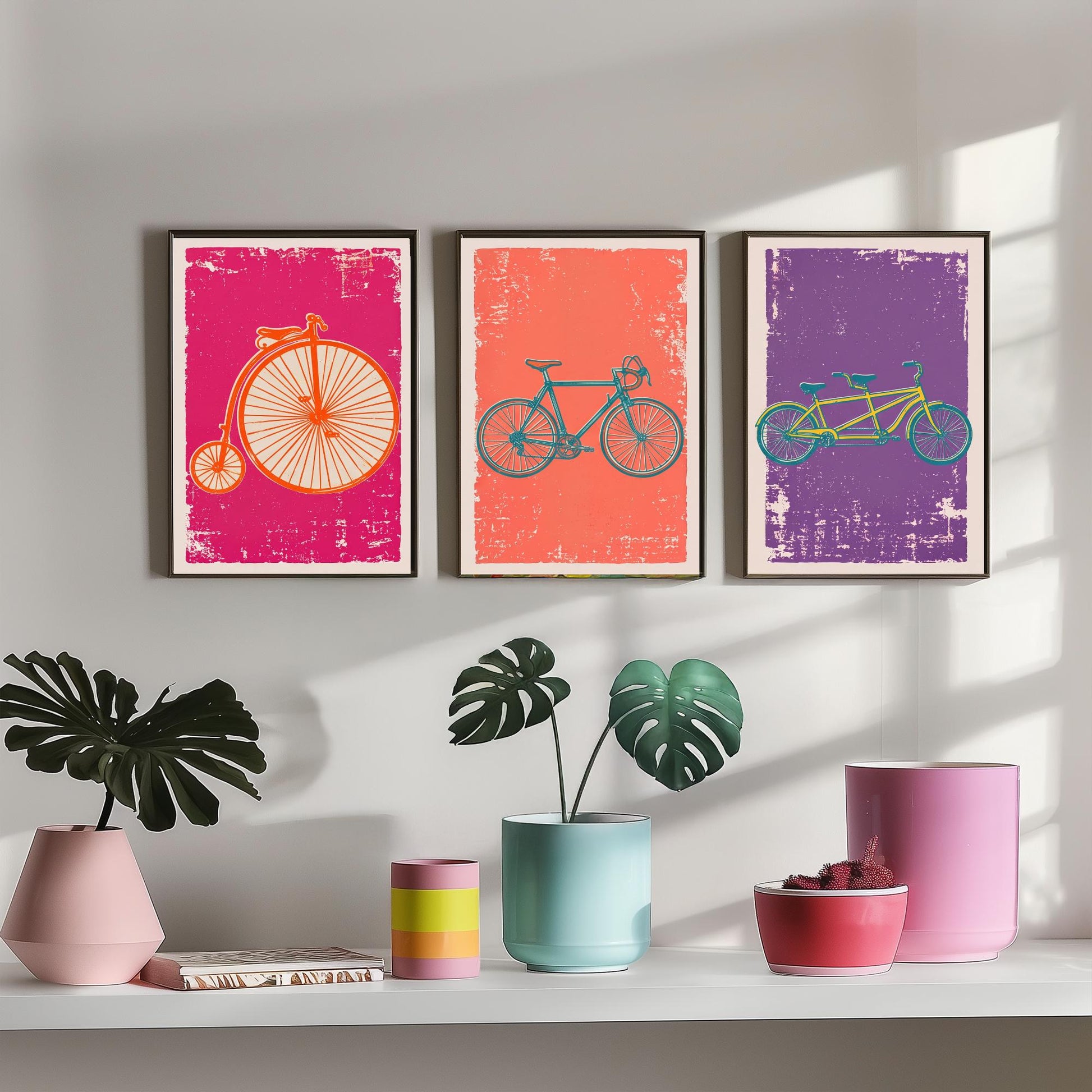 Penny Farthing, Road Bike & Tandem - Set of Three Bicycle Art Prints - Linocut Illustrations - Cycling Posters V1