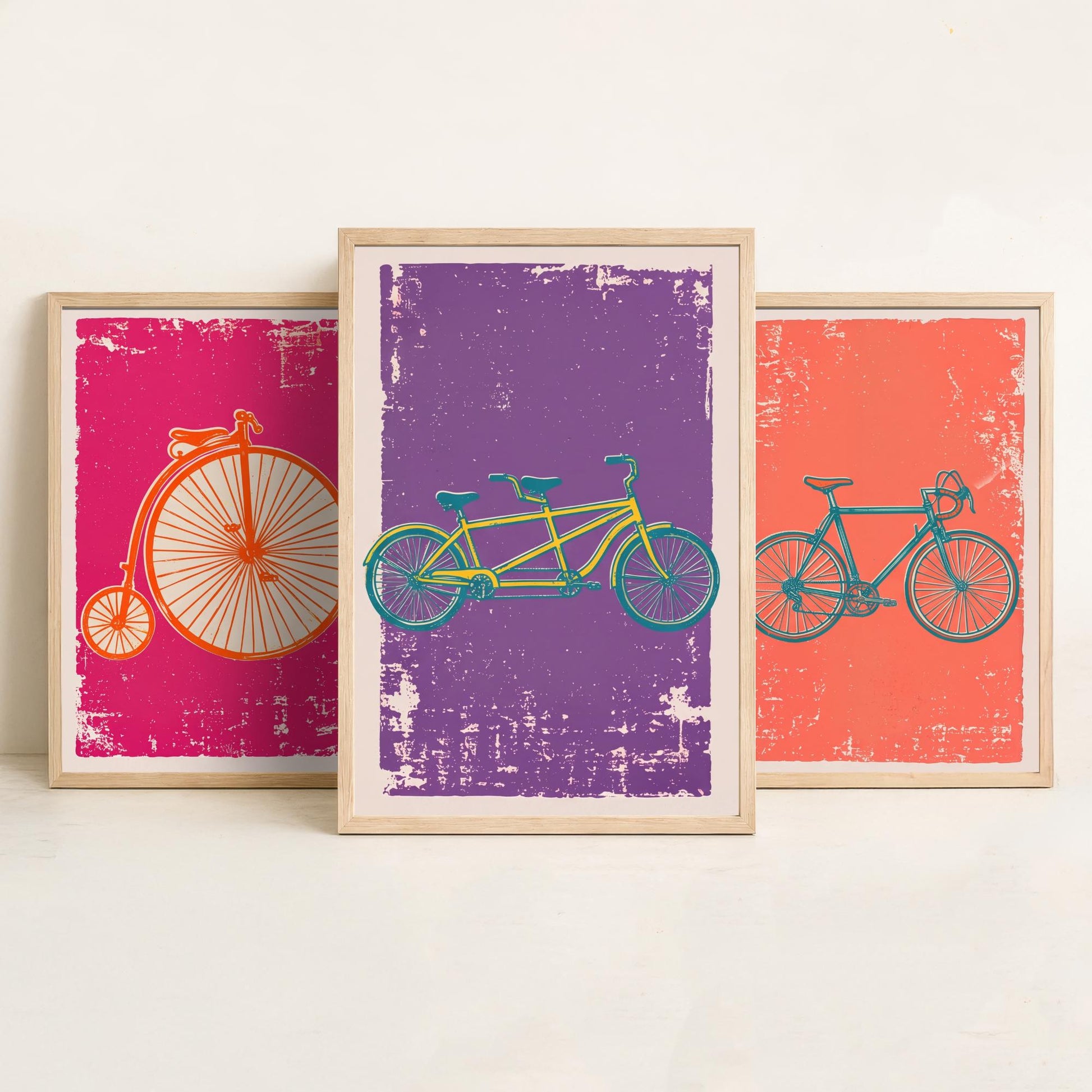 Penny Farthing, Road Bike & Tandem - Set of Three Bicycle Art Prints - Linocut Illustrations - Cycling Posters V1