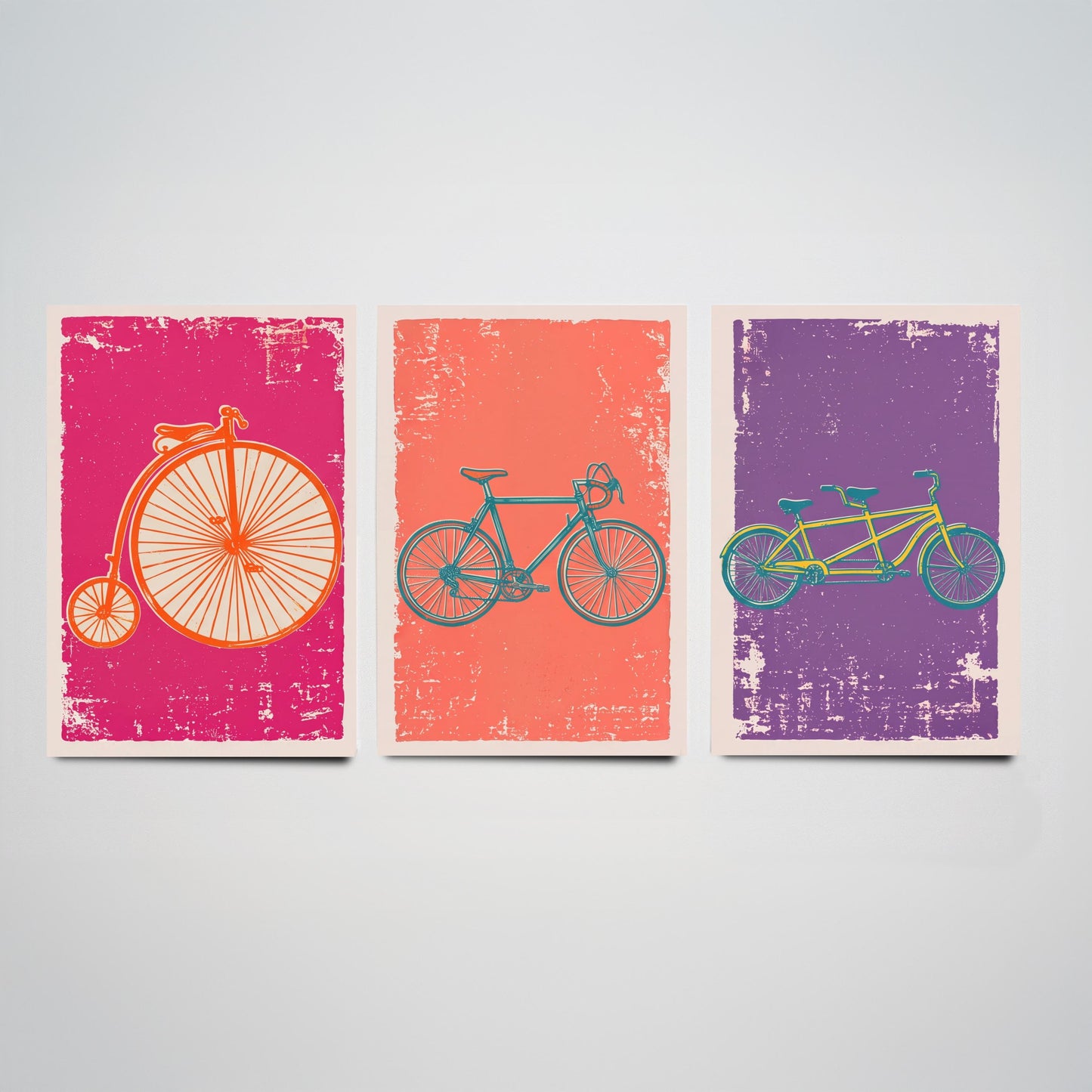 Penny Farthing, Road Bike & Tandem - Set of Three Bicycle Art Prints - Linocut Illustrations - Cycling Posters V1