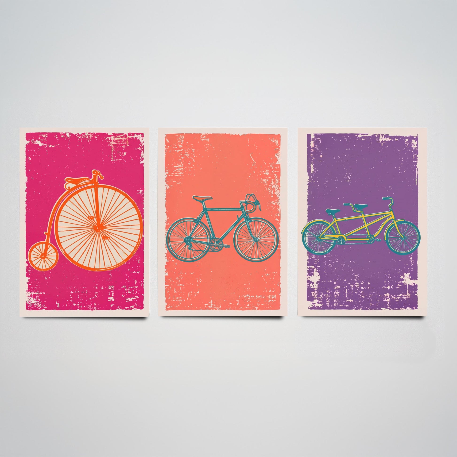 Penny Farthing, Road Bike & Tandem - Set of Three Bicycle Art Prints - Linocut Illustrations - Cycling Posters V1