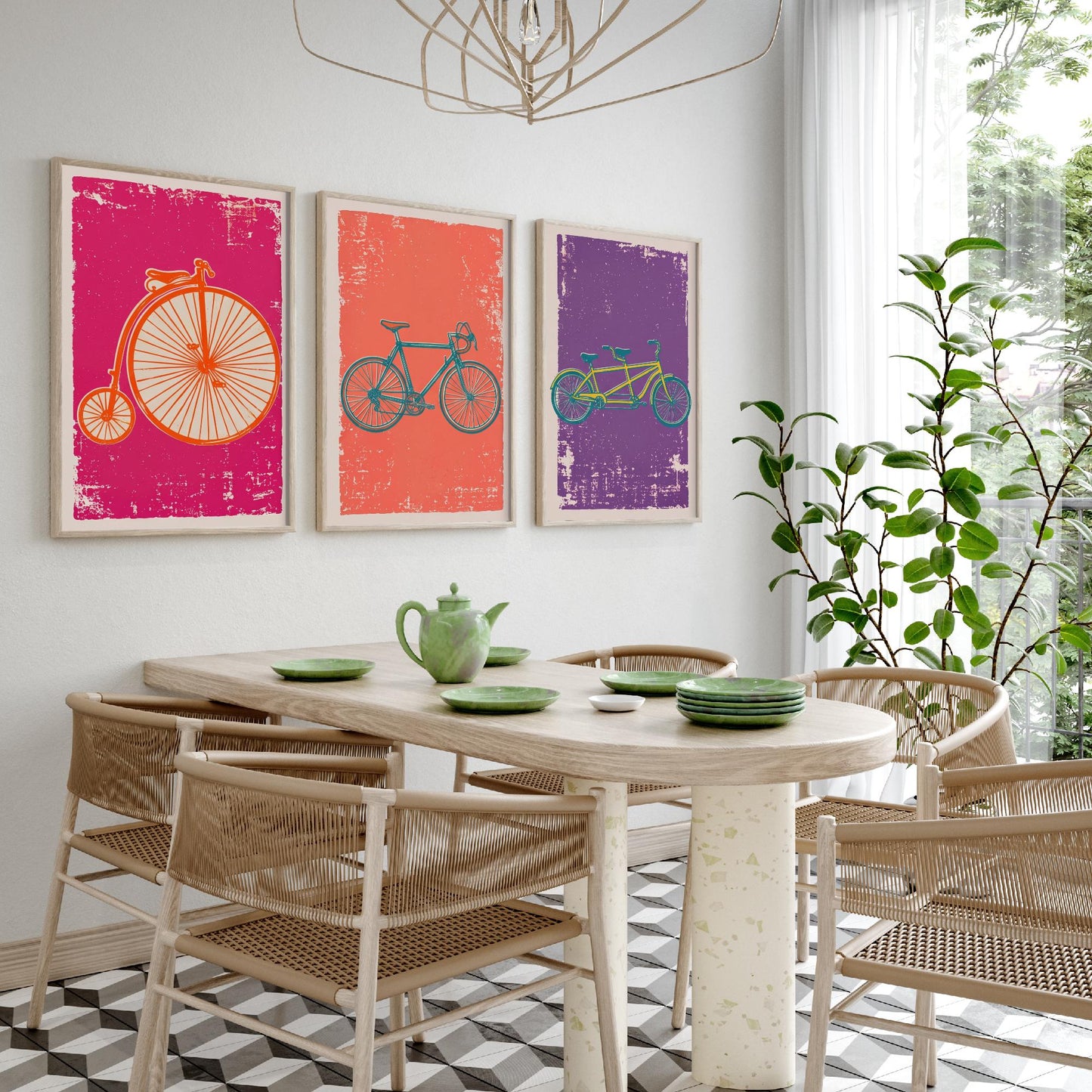 Penny Farthing, Road Bike & Tandem - Set of Three Bicycle Art Prints - Linocut Illustrations - Cycling Posters V1
