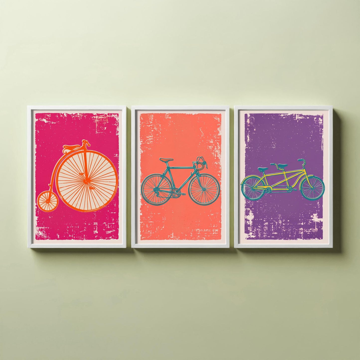 Penny Farthing, Road Bike & Tandem - Set of Three Bicycle Art Prints - Linocut Illustrations - Cycling Posters V1