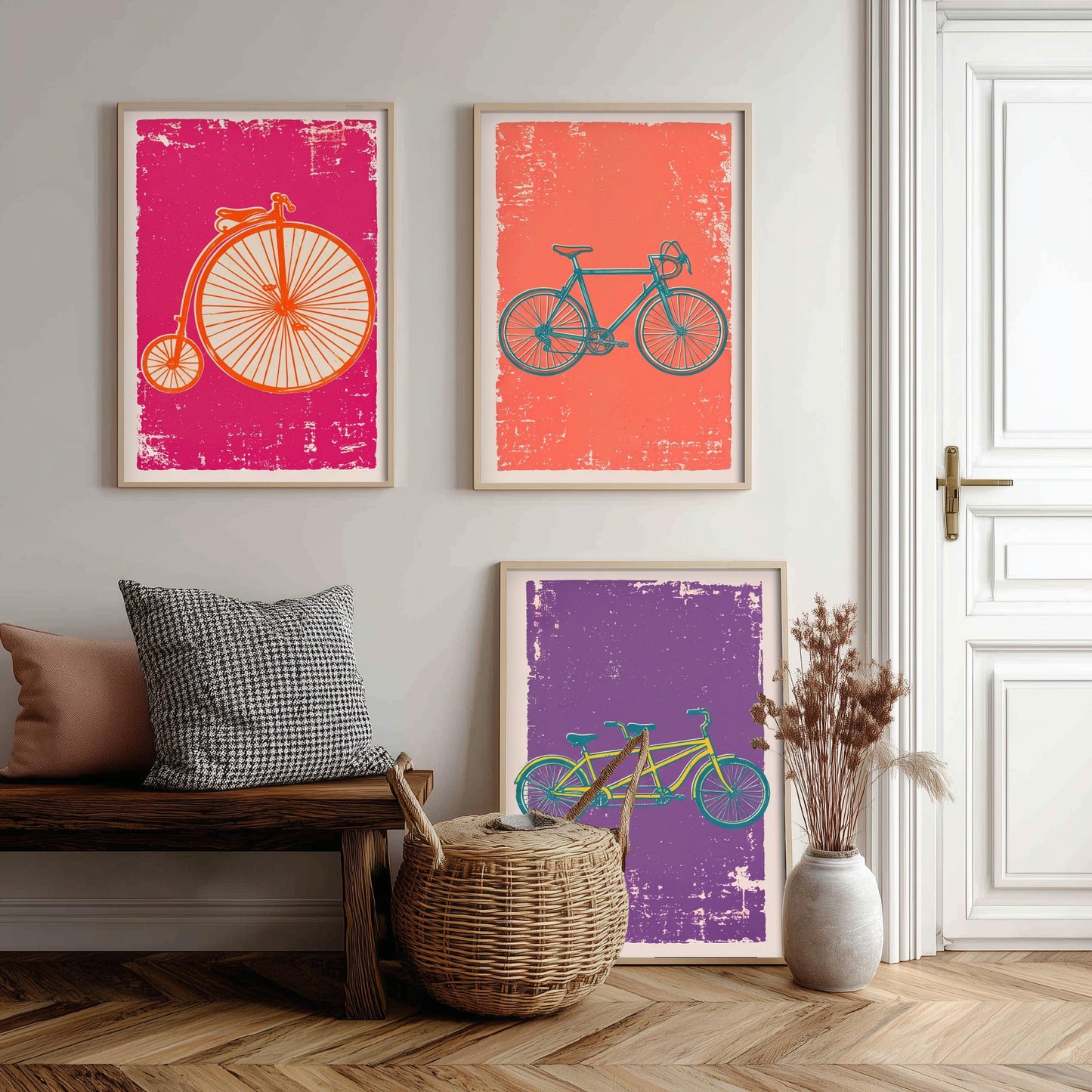 Penny Farthing, Road Bike & Tandem - Set of Three Bicycle Art Prints - Linocut Illustrations - Cycling Posters V1