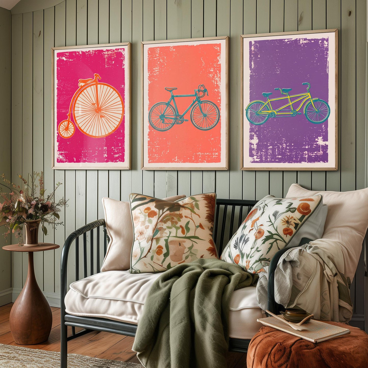 Penny Farthing, Road Bike & Tandem - Set of Three Bicycle Art Prints - Linocut Illustrations - Cycling Posters V1