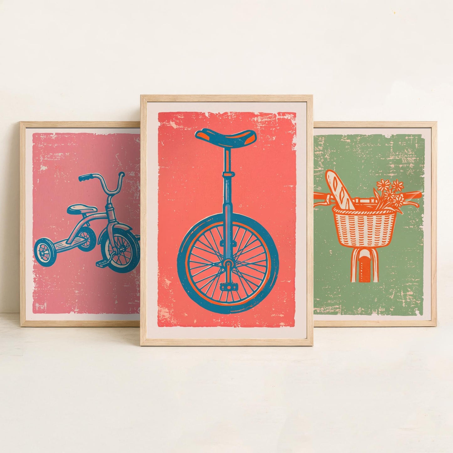 Tricycle, Bicycle Basket & Unicycle - Set of Three Bike Art Prints - Linocut Illustrations - Cycling Posters V2
