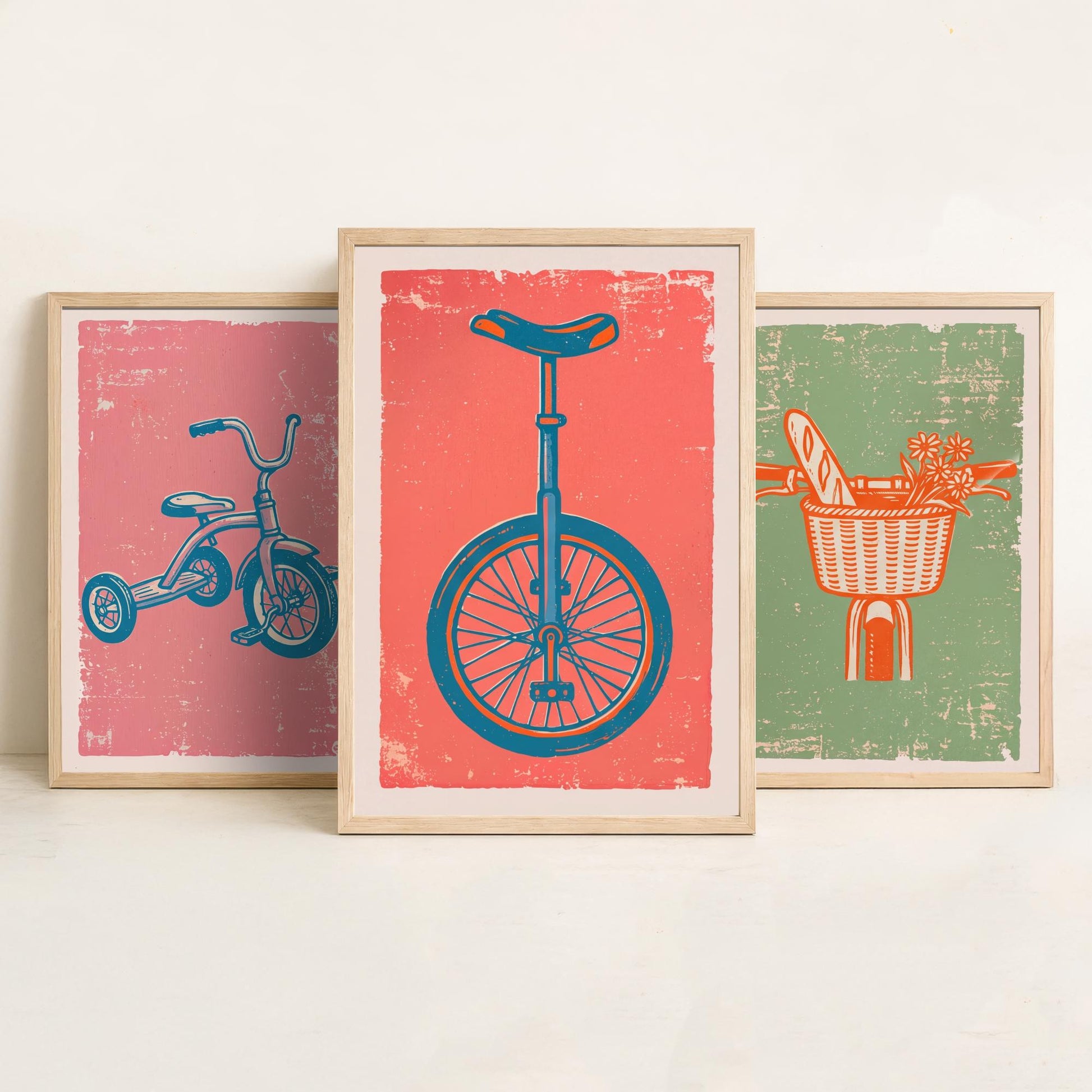 Tricycle, Bicycle Basket & Unicycle - Set of Three Bike Art Prints - Linocut Illustrations - Cycling Posters V2