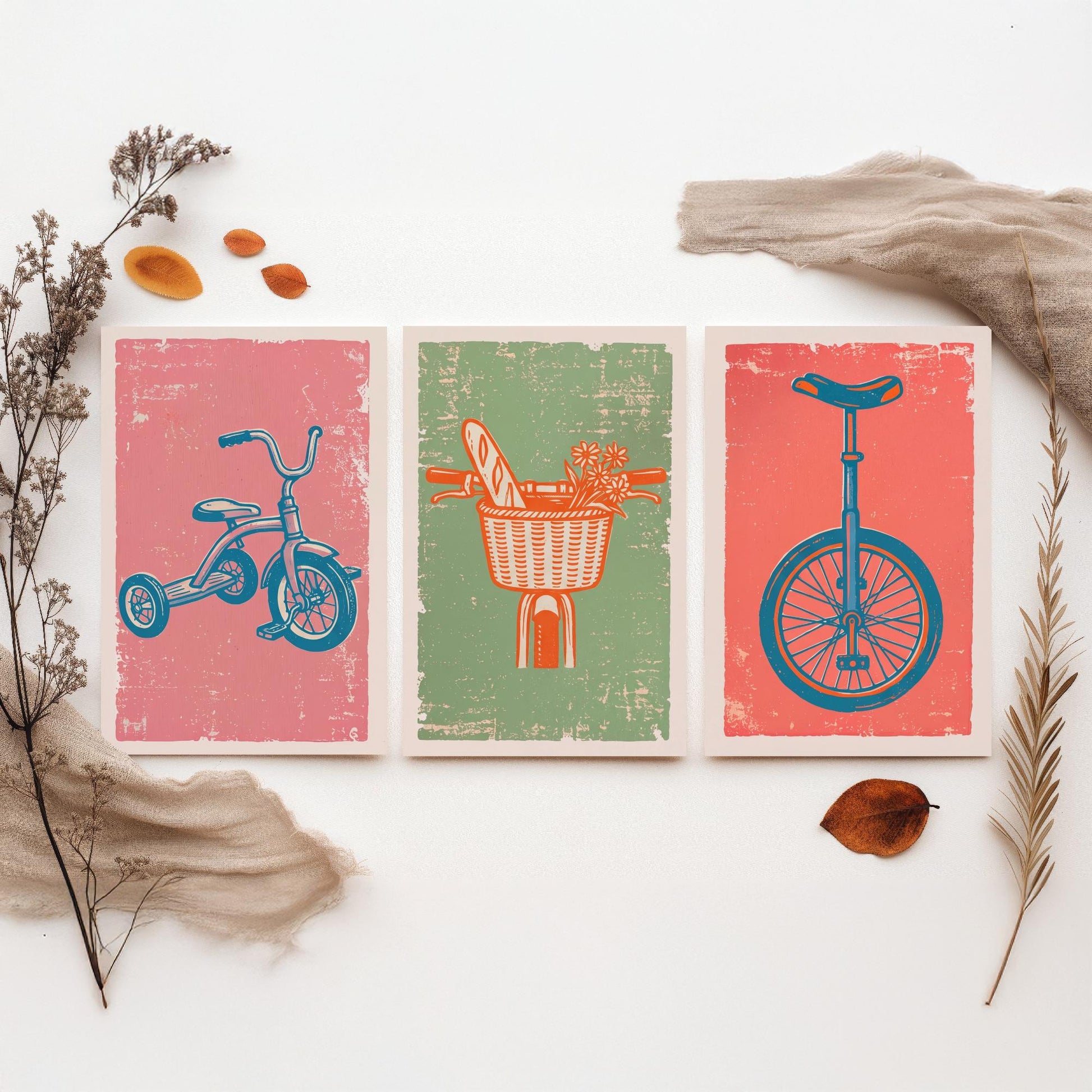 Tricycle, Bicycle Basket & Unicycle - Set of Three Bike Art Prints - Linocut Illustrations - Cycling Posters V2