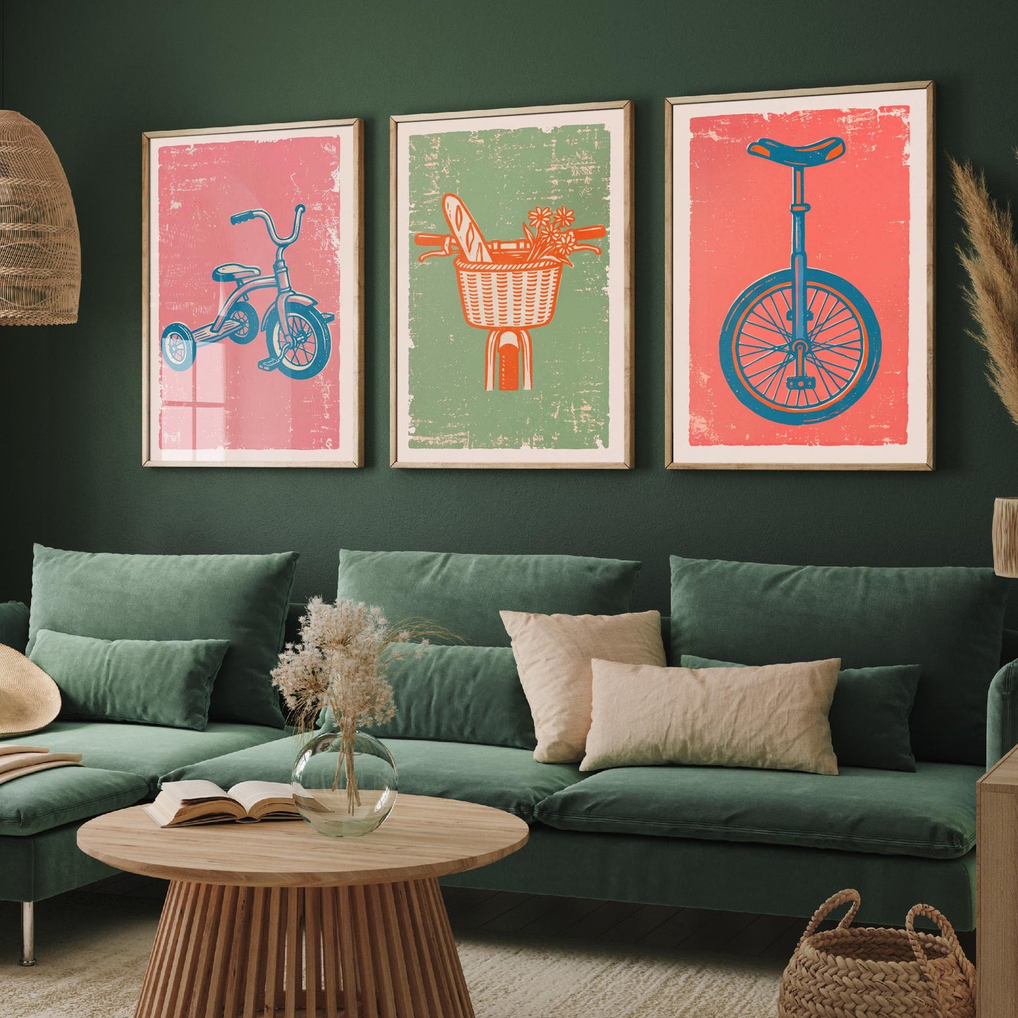 Tricycle, Bicycle Basket & Unicycle - Set of Three Bike Art Prints - Linocut Illustrations - Cycling Posters V2