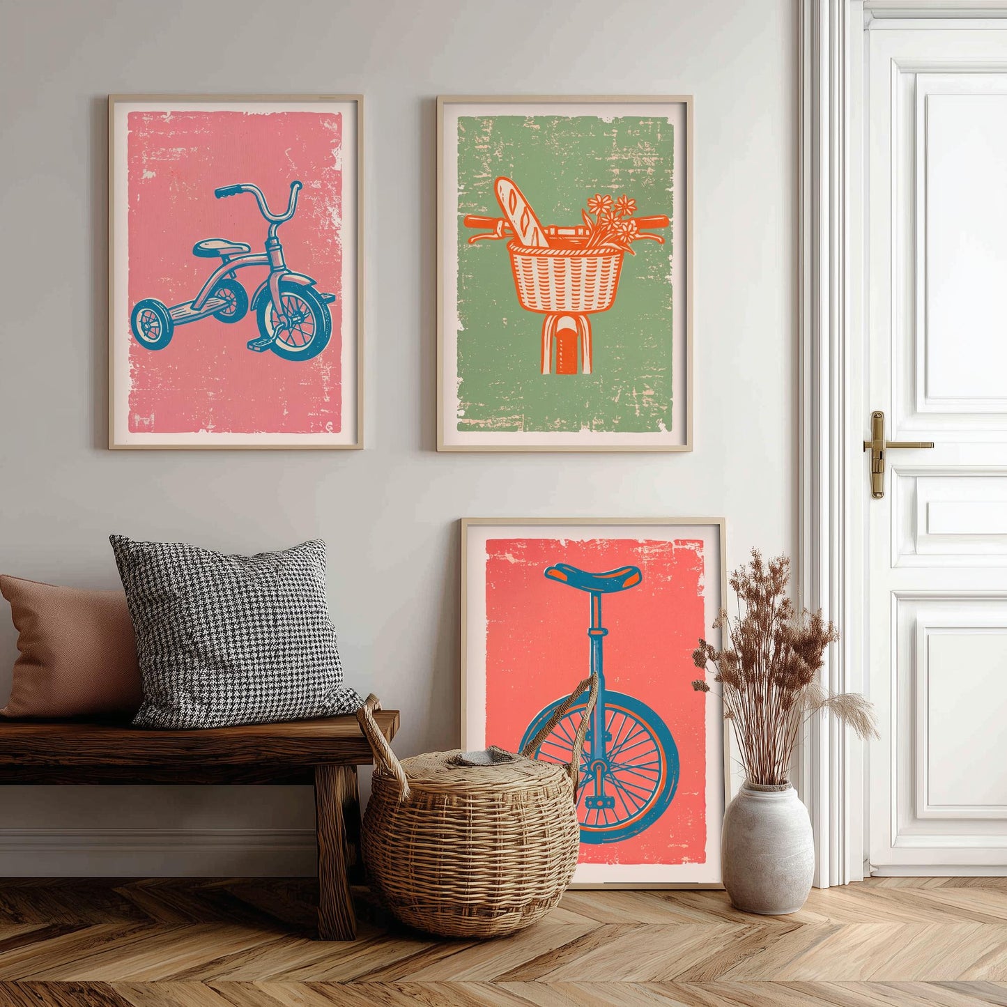 Tricycle, Bicycle Basket & Unicycle - Set of Three Bike Art Prints - Linocut Illustrations - Cycling Posters V2