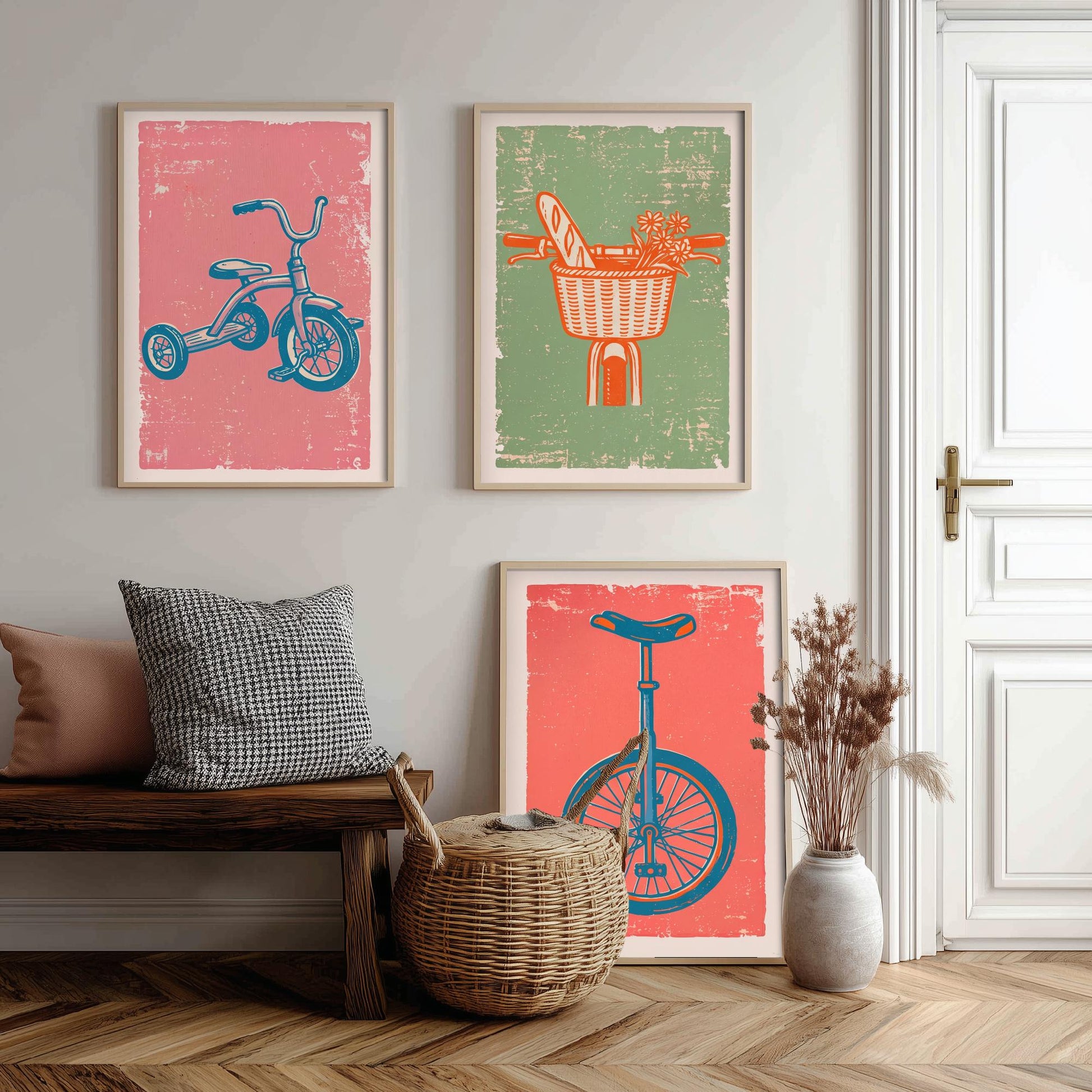 Tricycle, Bicycle Basket & Unicycle - Set of Three Bike Art Prints - Linocut Illustrations - Cycling Posters V2